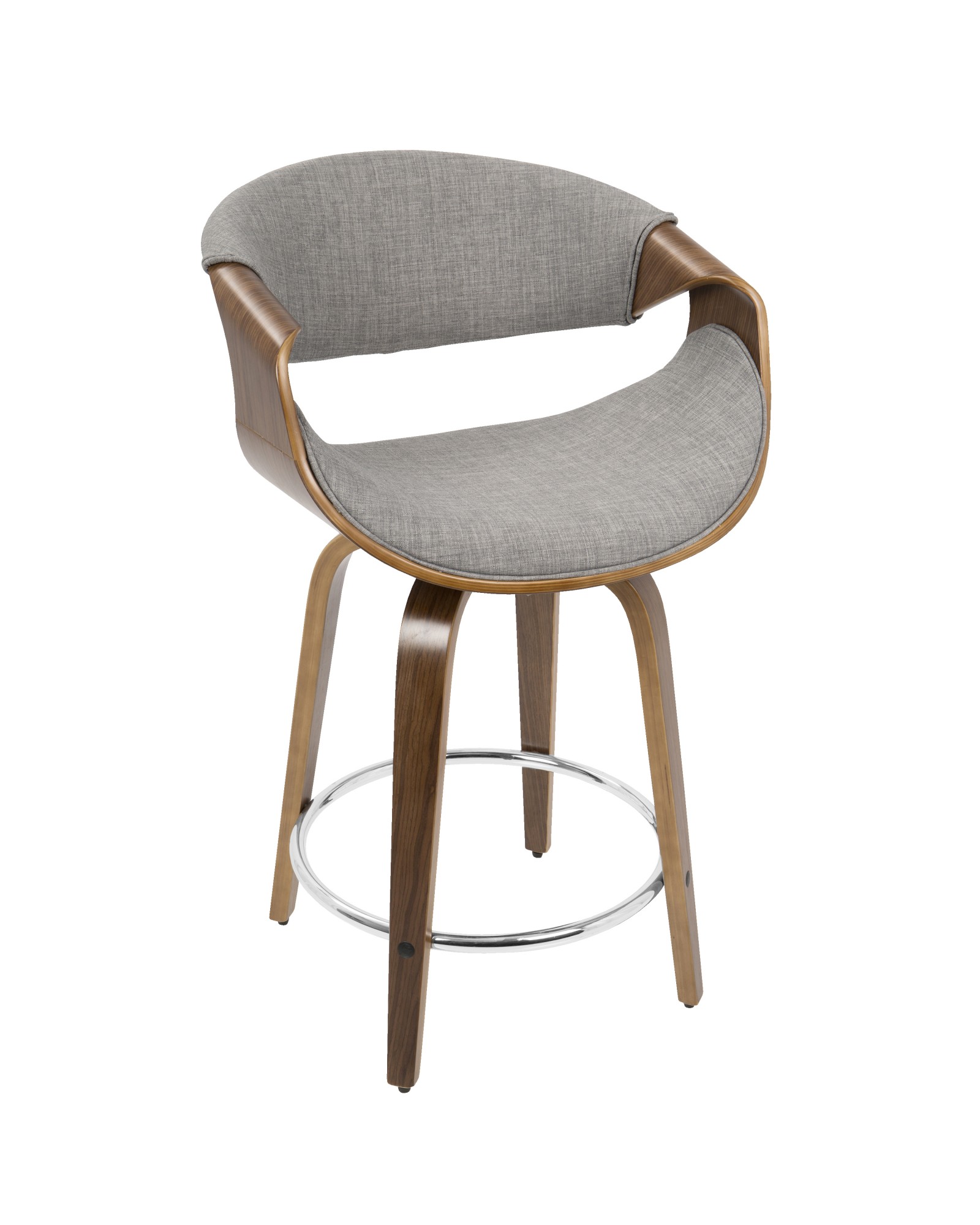 Curvini Mid-Century Modern Counter Stool in Walnut Wood and Light Grey Fabric