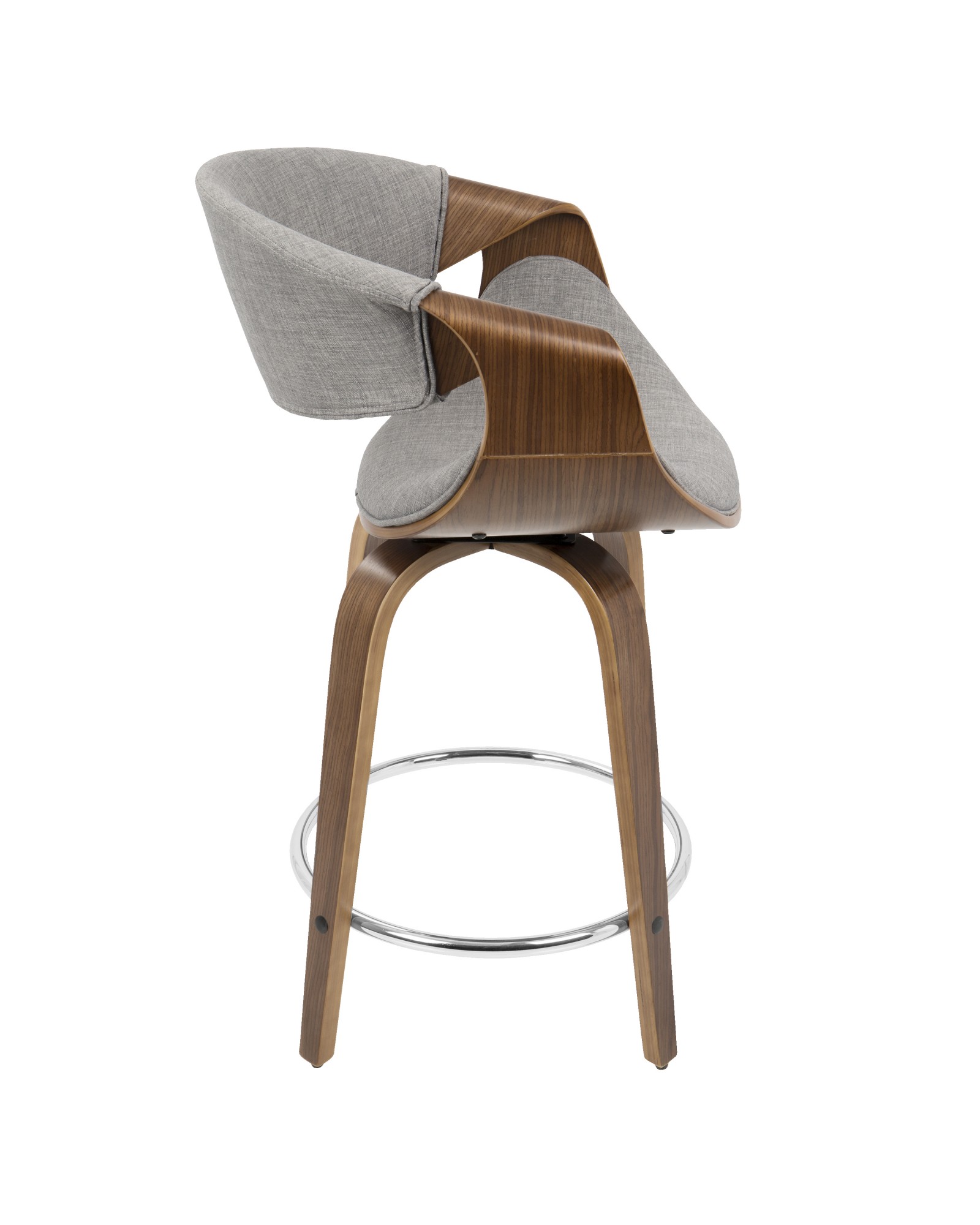 Curvini Mid-Century Modern Counter Stool in Walnut Wood and Light Grey Fabric