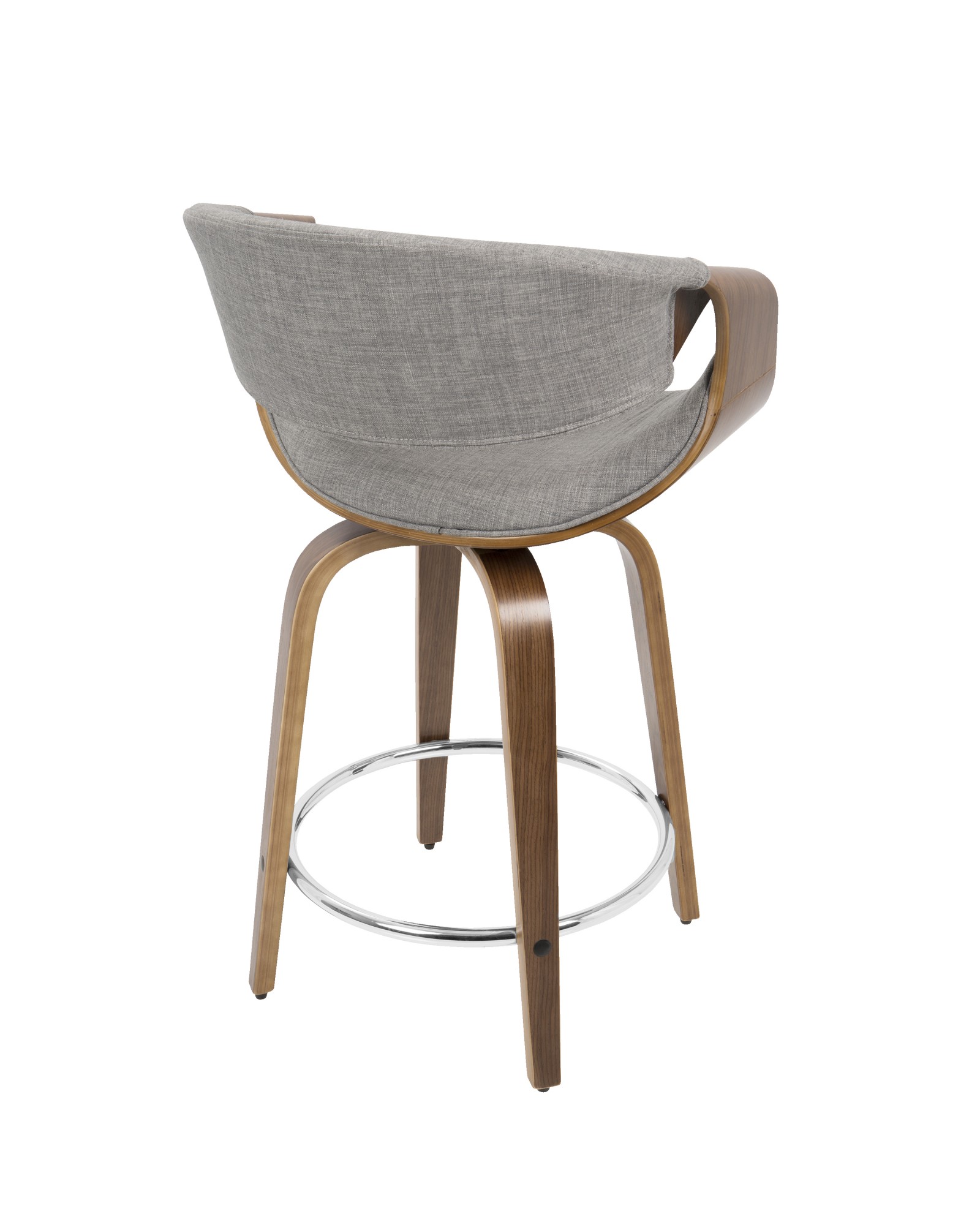 Curvini Mid-Century Modern Counter Stool in Walnut Wood and Light Grey Fabric