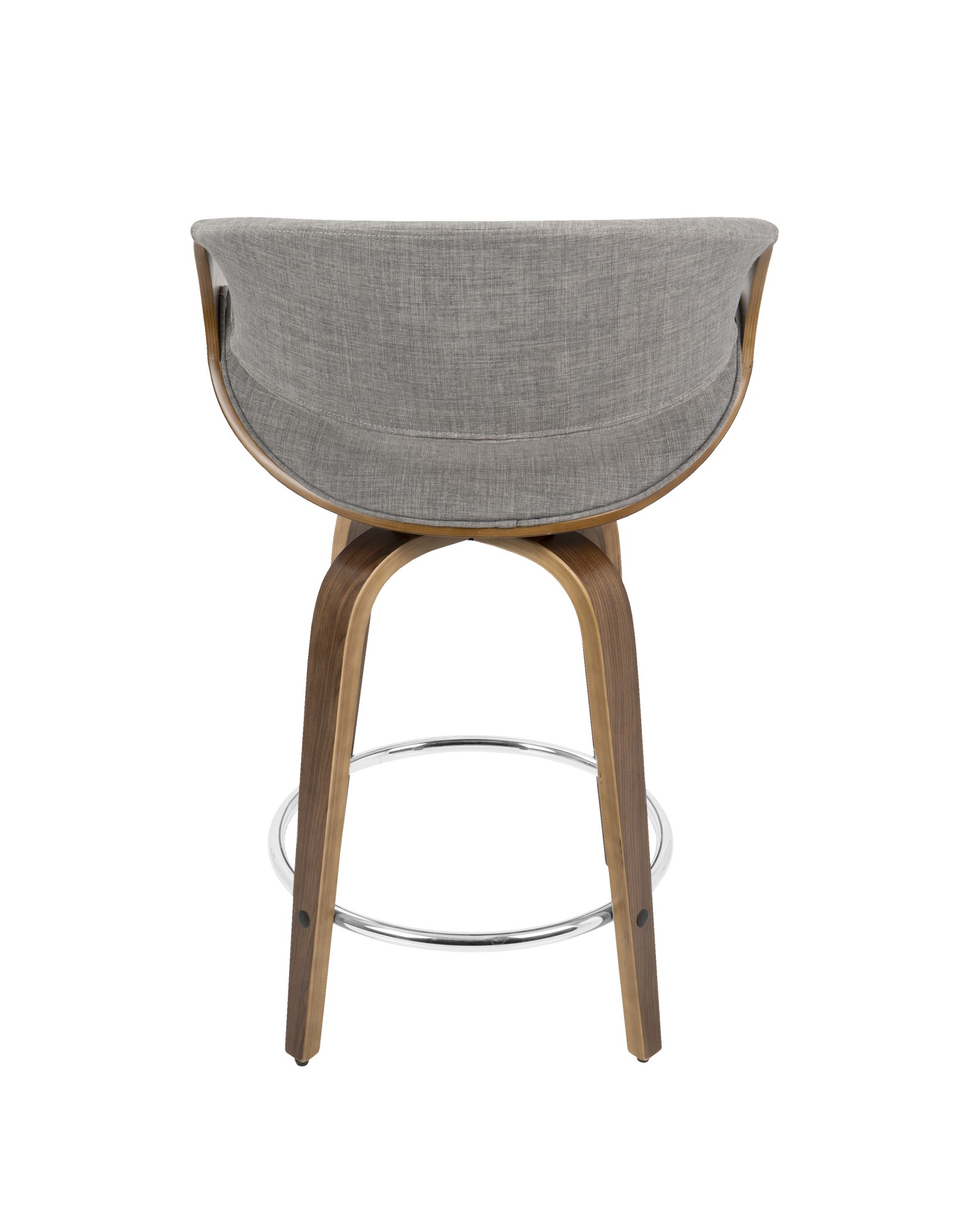 Curvini Mid-Century Modern Counter Stool in Walnut Wood and Light Grey Fabric