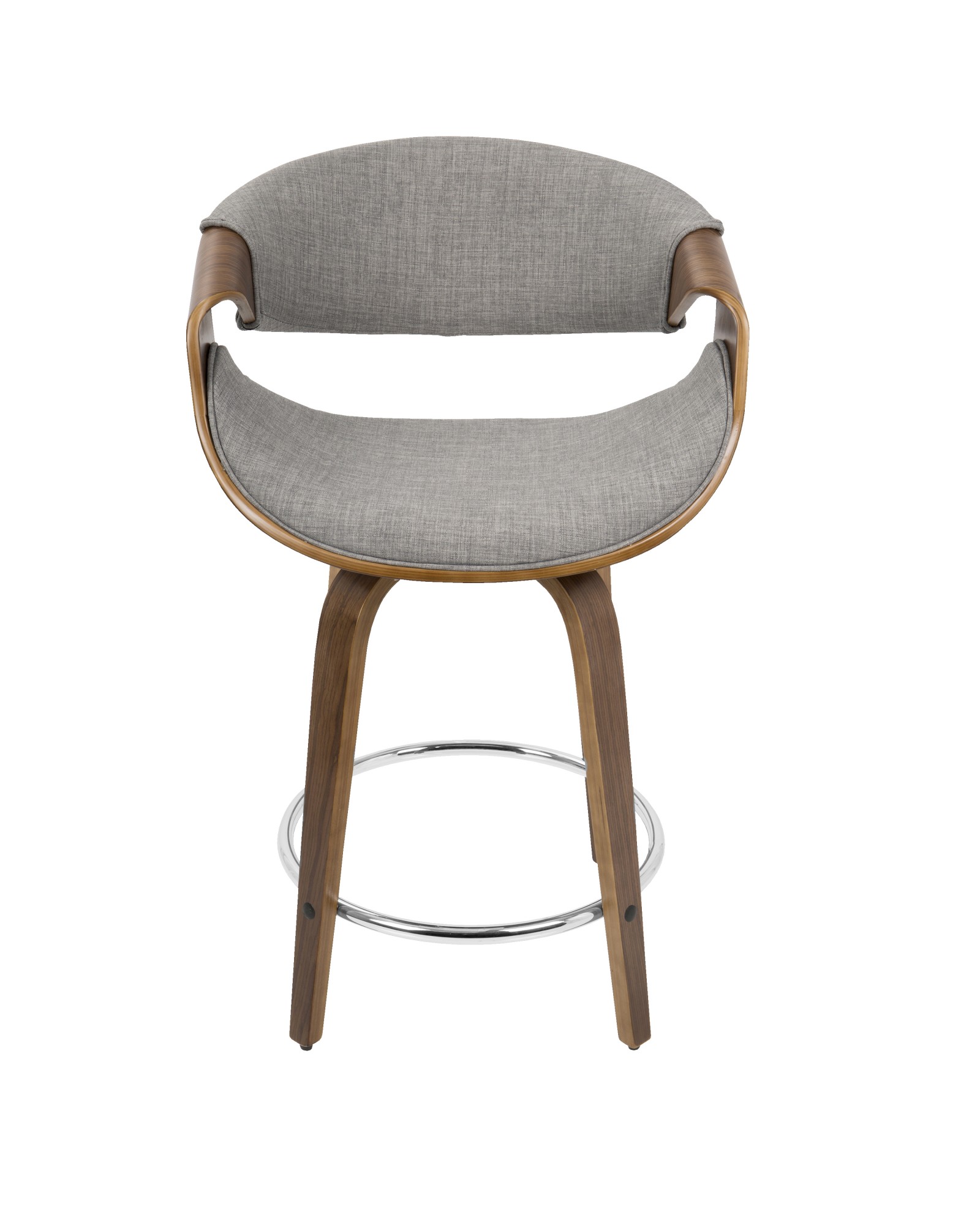 Curvini Mid-Century Modern Counter Stool in Walnut Wood and Light Grey Fabric