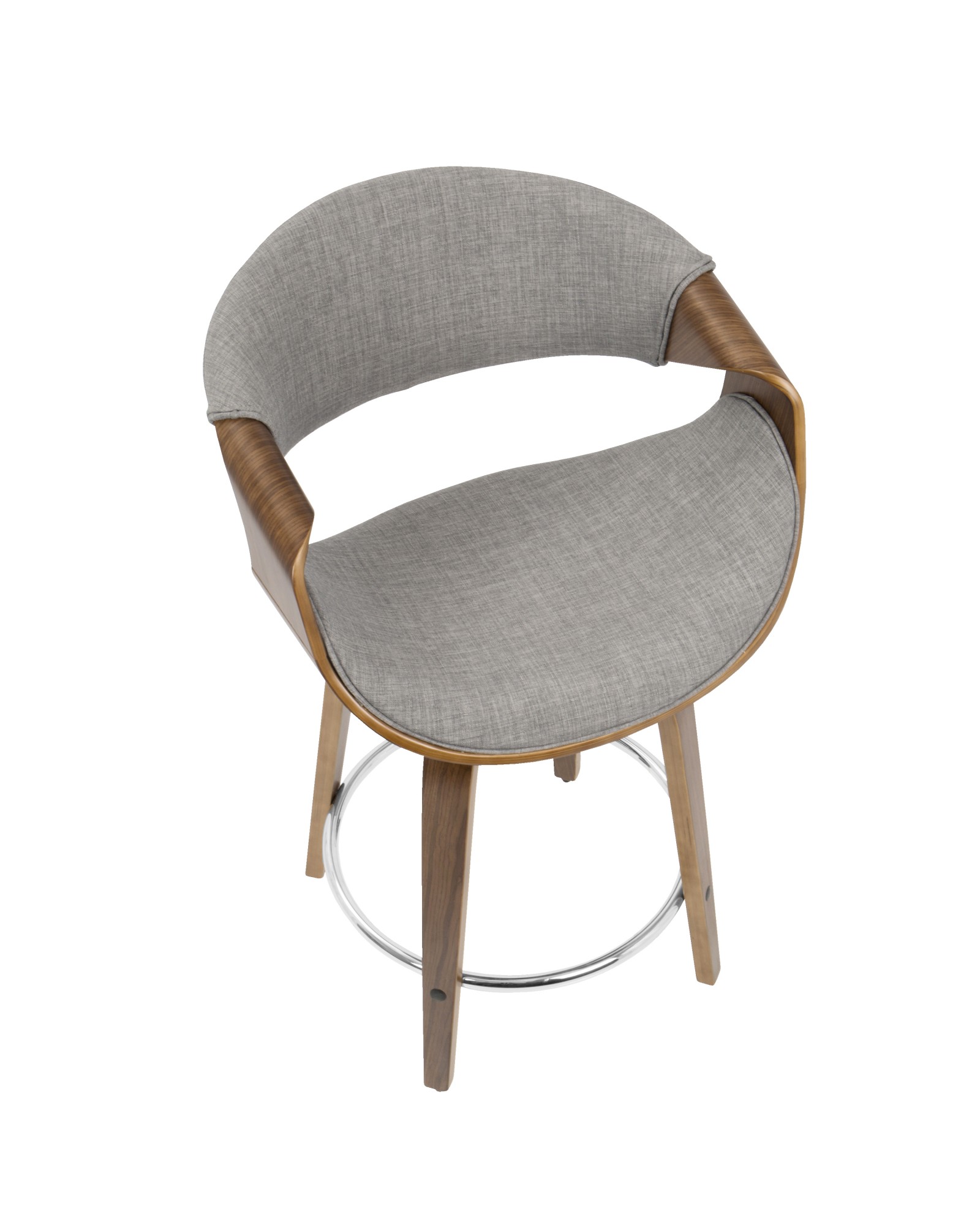 Curvini Mid-Century Modern Counter Stool in Walnut Wood and Light Grey Fabric