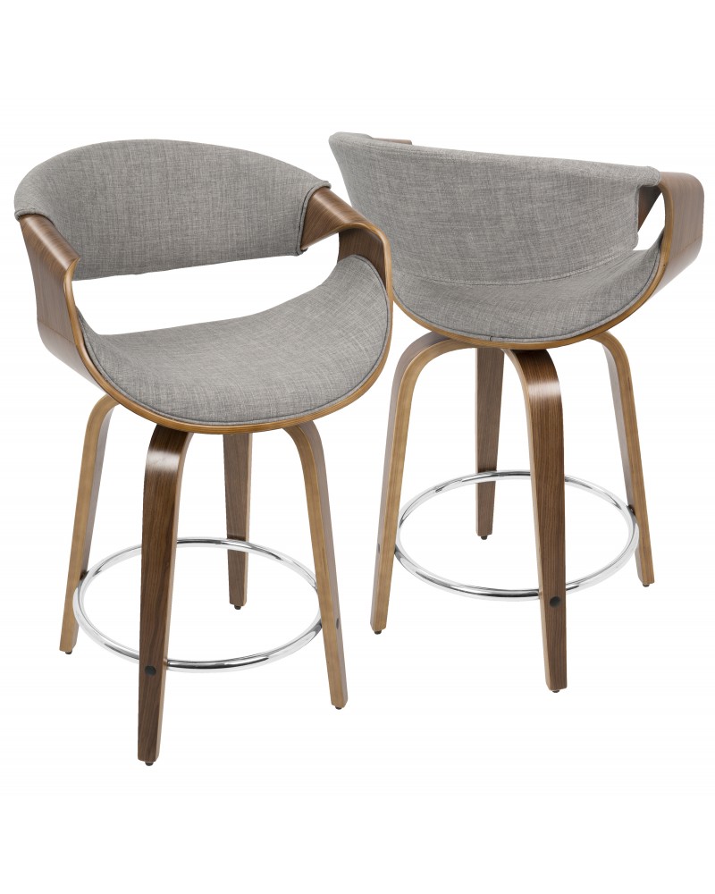 Curvini Mid-Century Modern Counter Stool in Walnut Wood and Light Grey Fabric