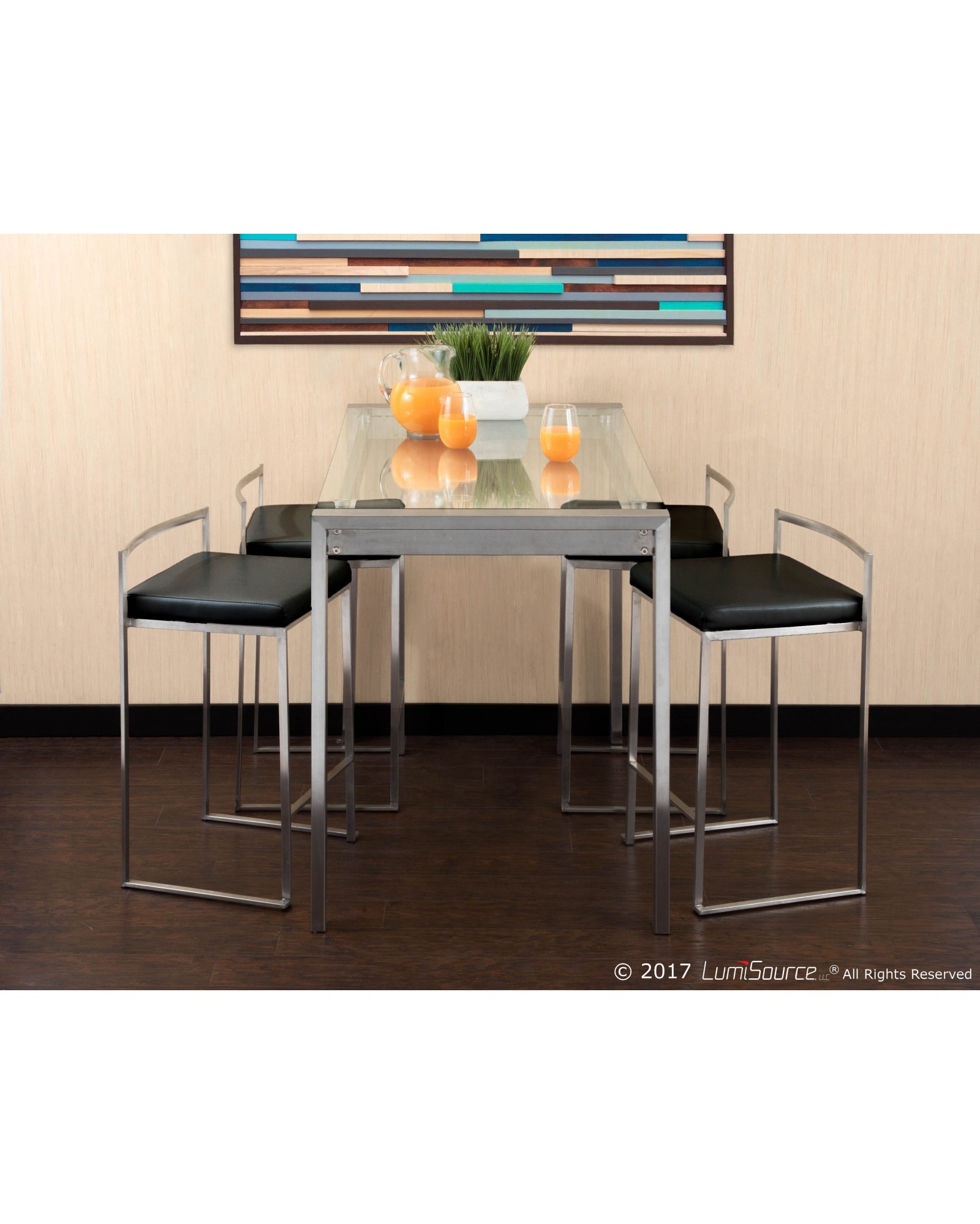 Fuji Contemporary Stackable Counter Stool in Black Faux Leather - Set of 2