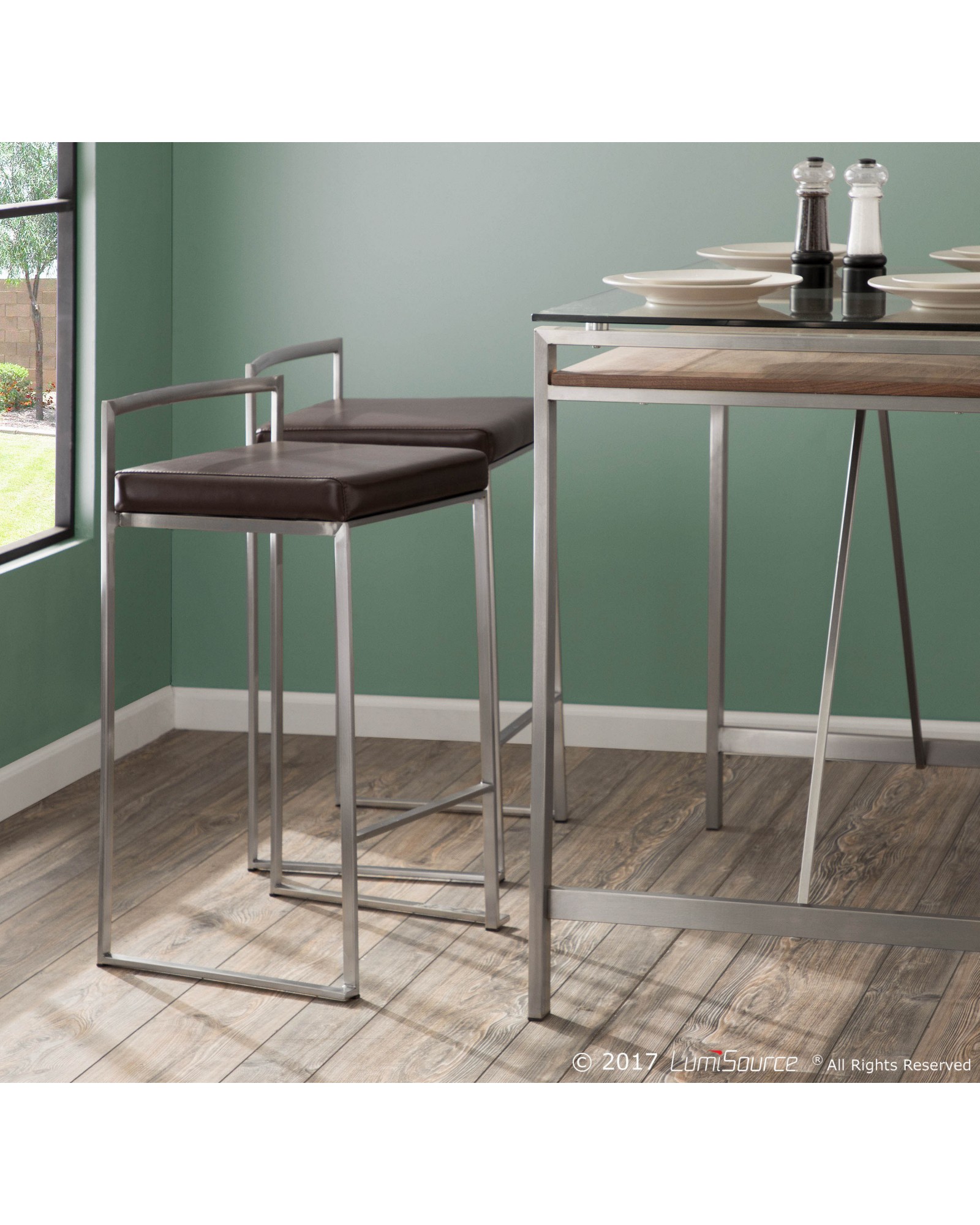 Fuji Contemporary Stackable Counter Stool in Brown Faux Leather - Set of 2