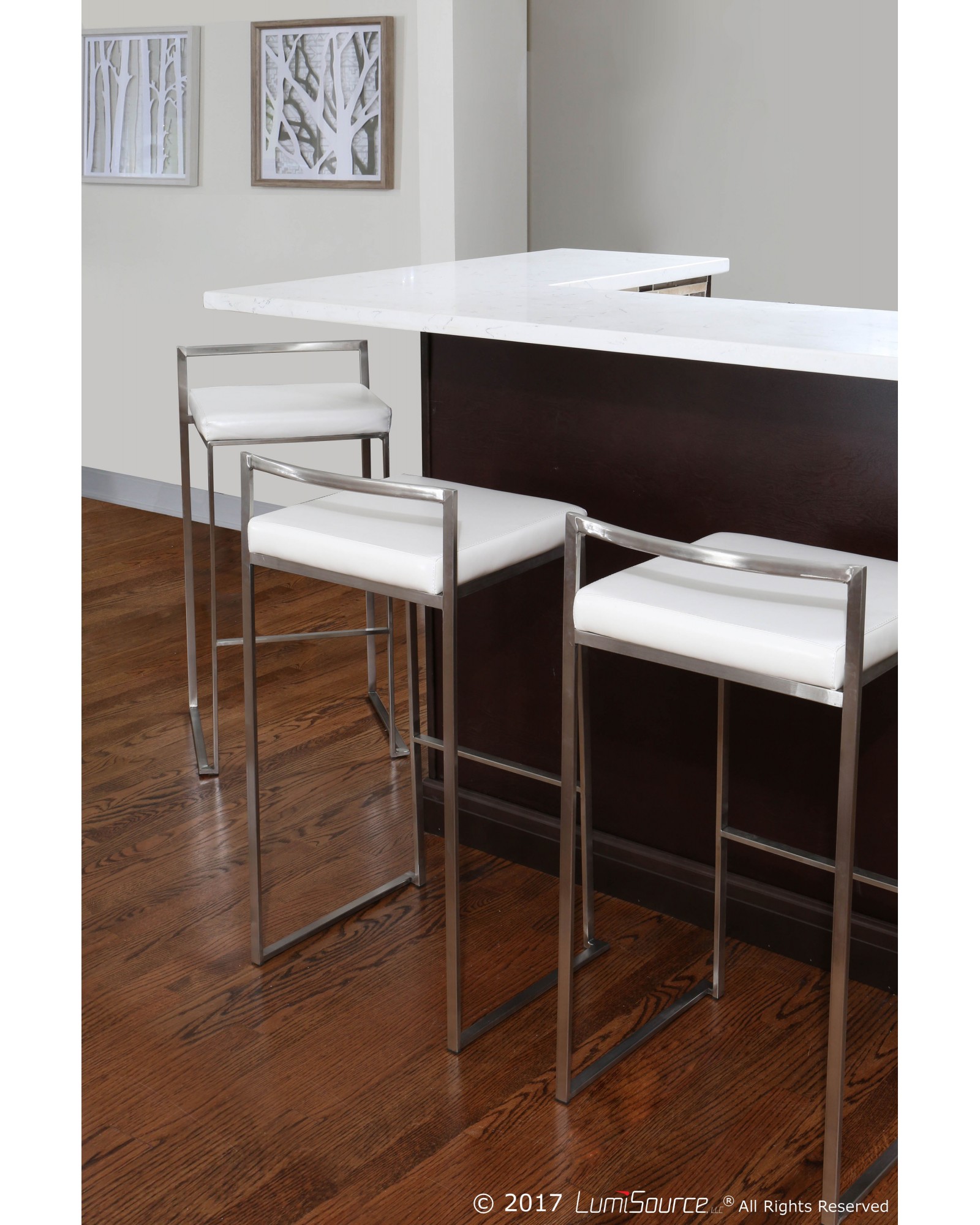 Fuji Contemporary Stackable Counter Stool in White Faux Leather - Set of 2