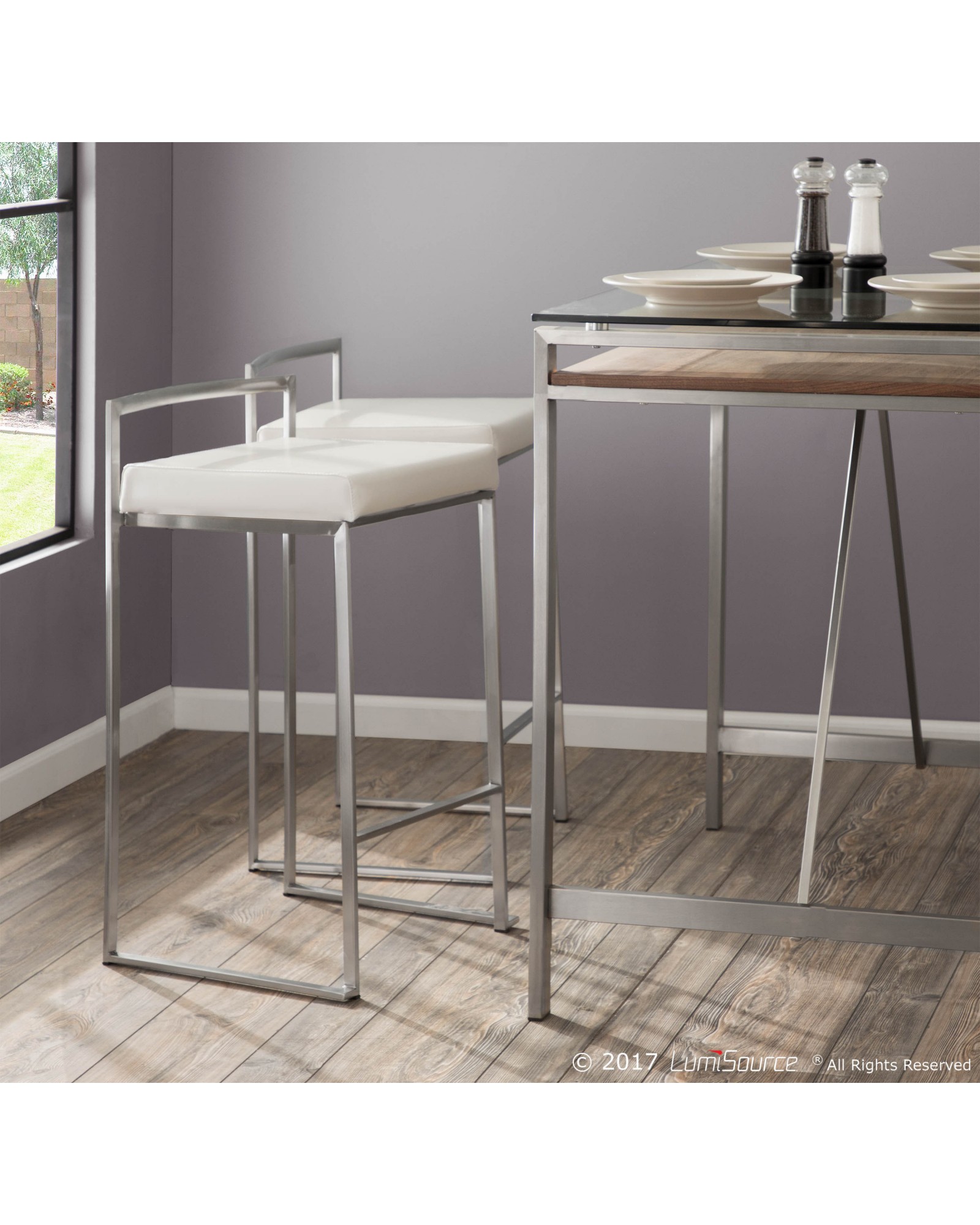 Fuji Contemporary Stackable Counter Stool in White Faux Leather - Set of 2