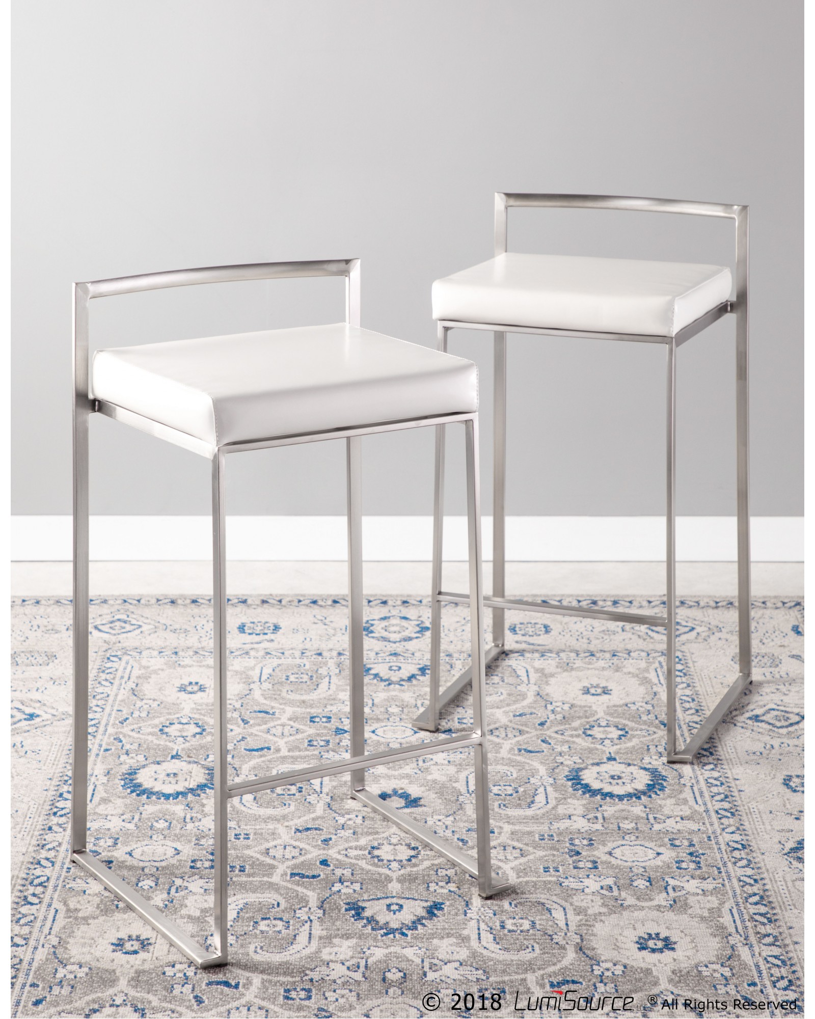 Fuji Contemporary Stackable Counter Stool in White Faux Leather - Set of 2