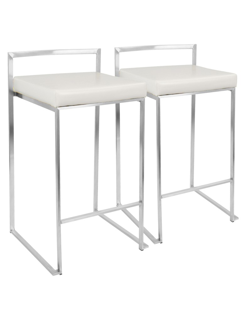 Fuji Contemporary Stackable Counter Stool in White Faux Leather - Set of 2