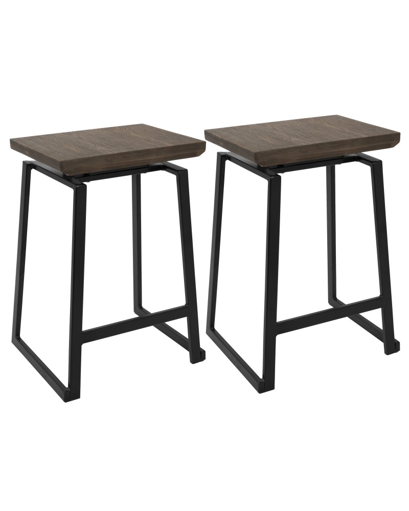 Geo Industrial Counter Stool in Black with Brown Wood Seat - Set of 2