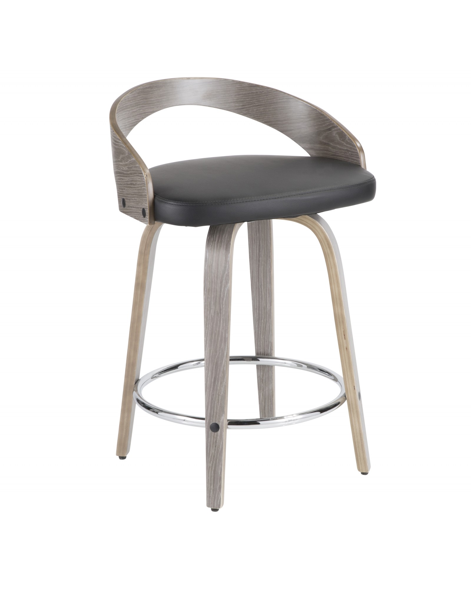 Grotto Mid-Century Modern Counter Stool with Light Grey Wood and Black Faux Leather