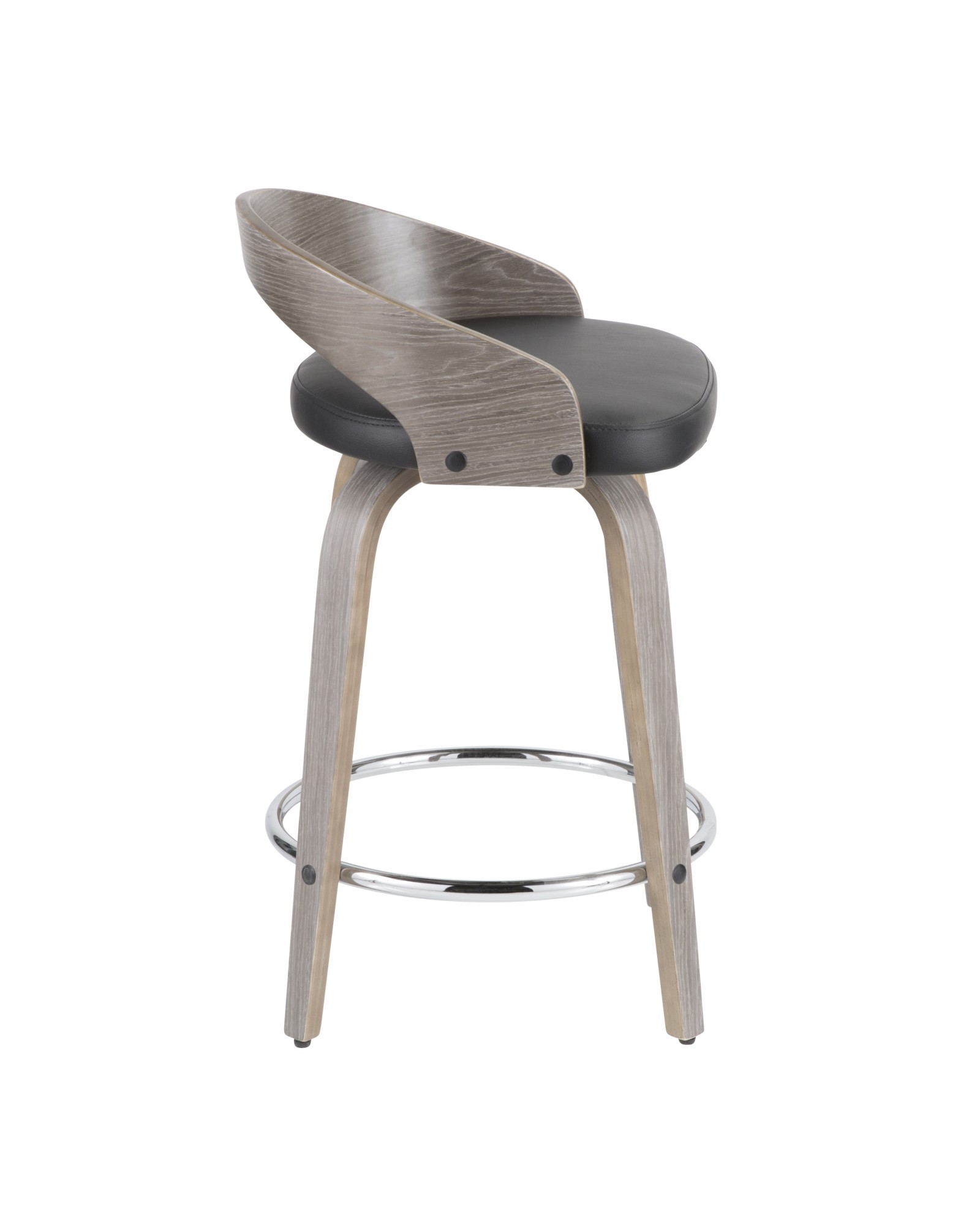 Grotto Mid-Century Modern Counter Stool with Light Grey Wood and Black Faux Leather