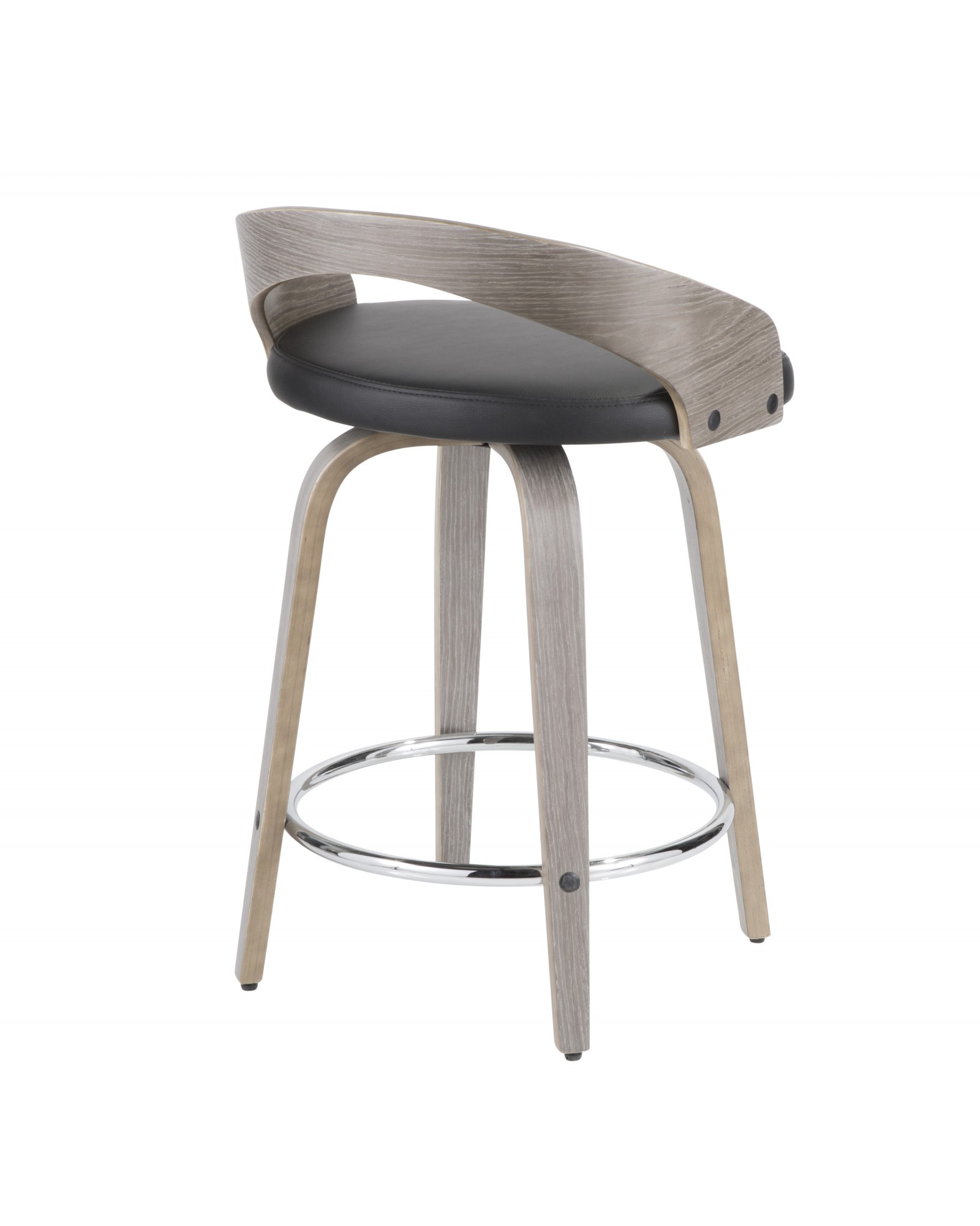 Grotto Mid-Century Modern Counter Stool with Light Grey Wood and Black Faux Leather