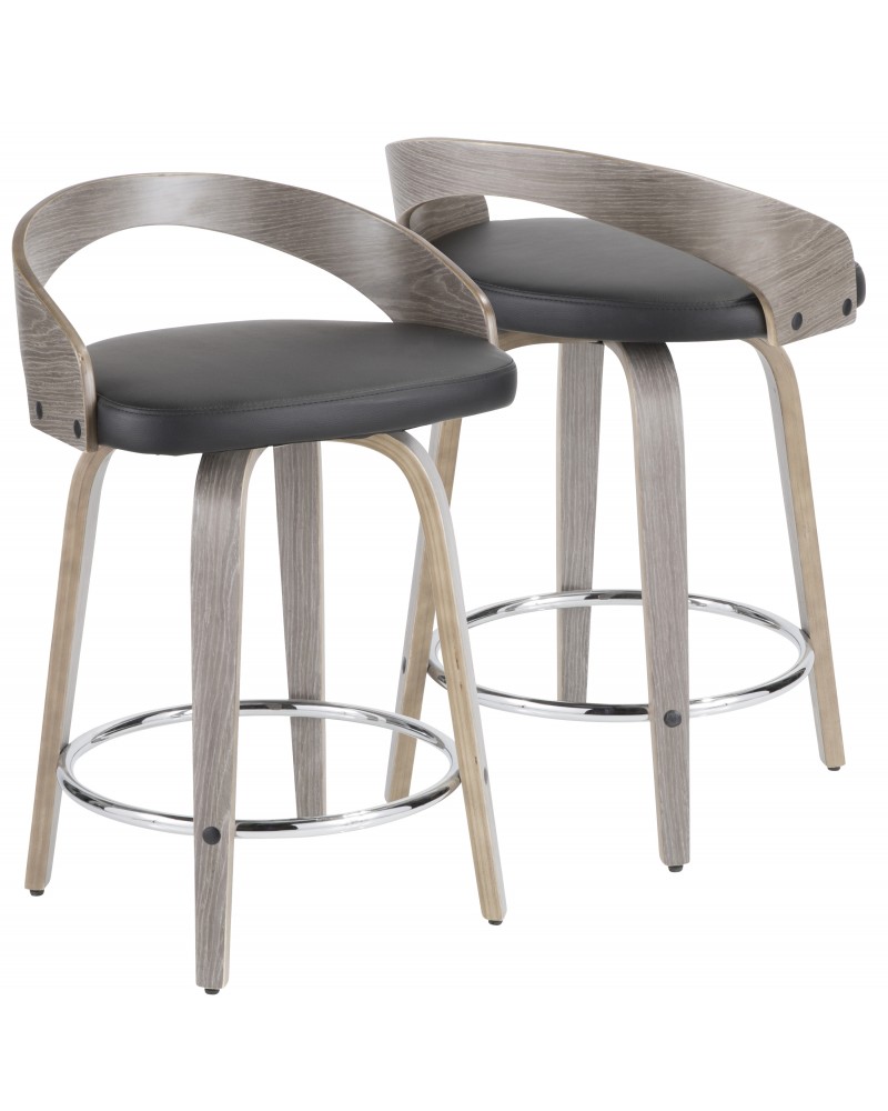 Grotto Mid-Century Modern Counter Stool with Light Grey Wood and Black Faux Leather