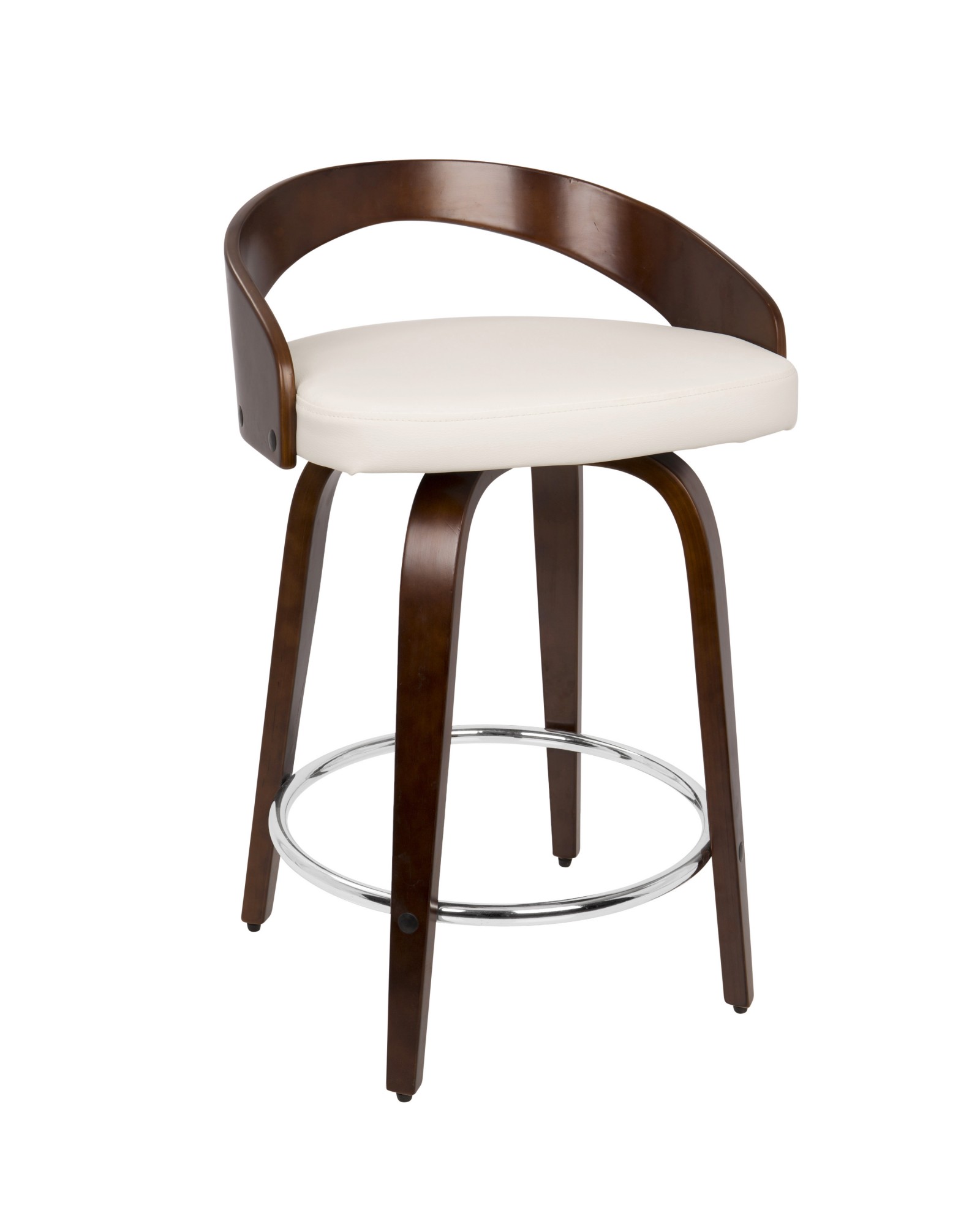 Grotto Mid-Century Modern Counter Stool with Swivel in Cherry with White Faux Leather