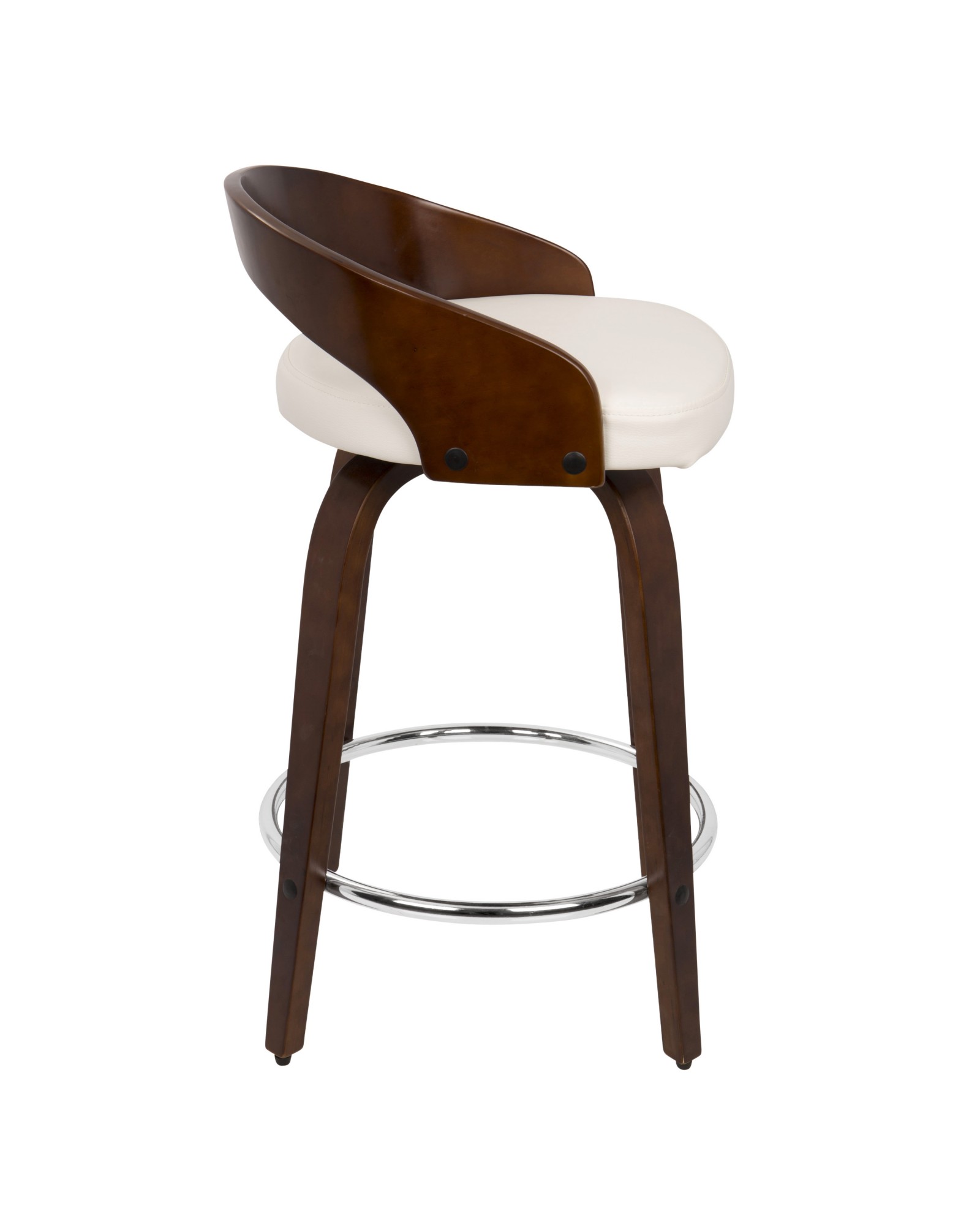 Grotto Mid-Century Modern Counter Stool with Swivel in Cherry with White Faux Leather