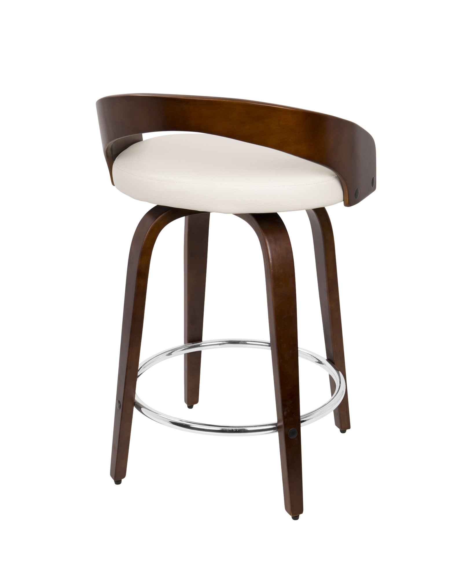 Grotto Mid-Century Modern Counter Stool with Swivel in Cherry with White Faux Leather