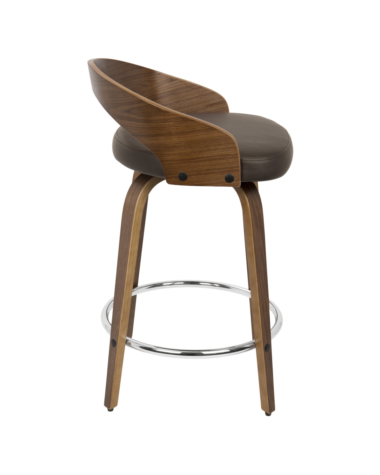 Grotto Mid-Century Modern Counter Stool with Swivel in Walnut with Brown Faux Leather