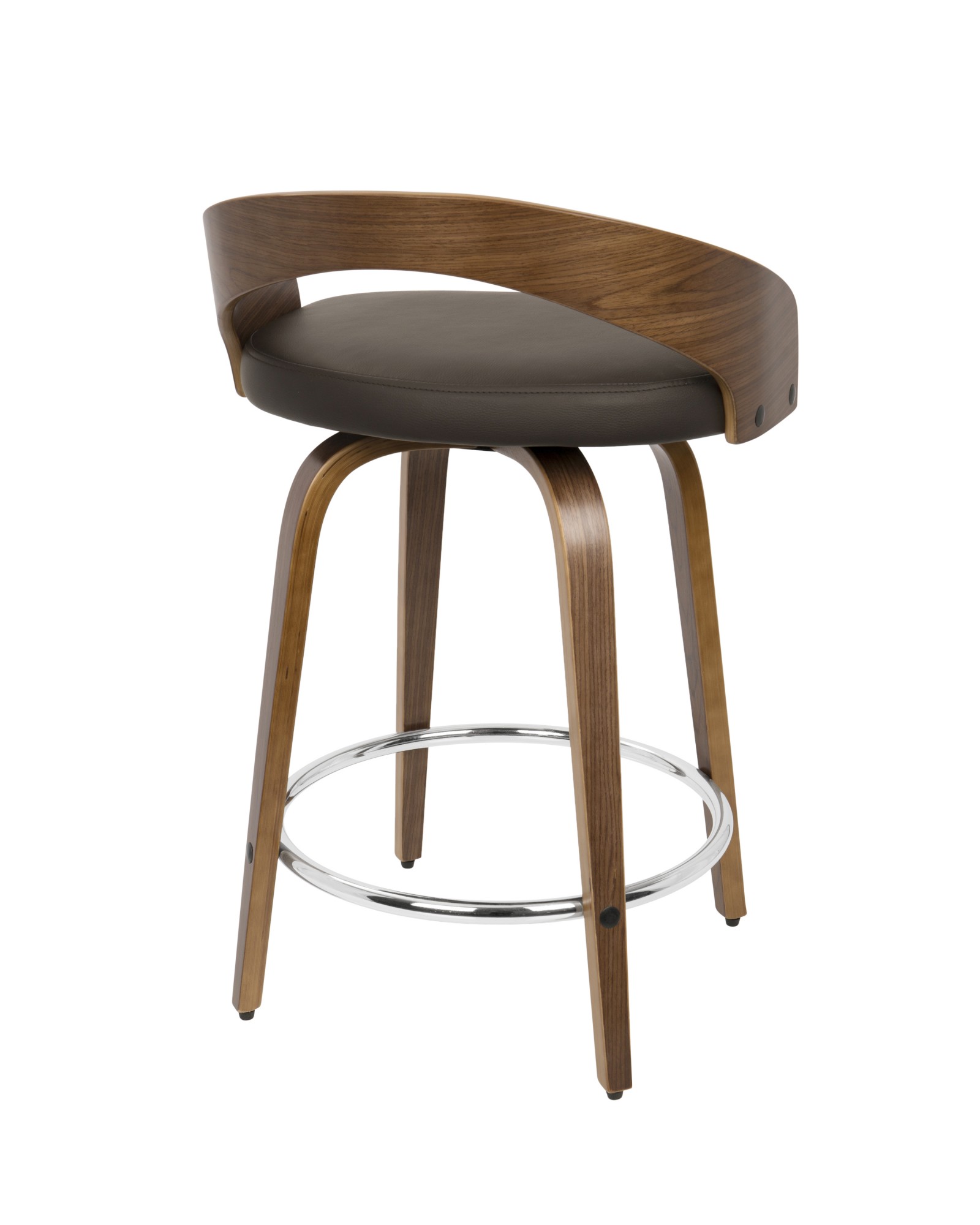 Grotto Mid-Century Modern Counter Stool with Swivel in Walnut with Brown Faux Leather