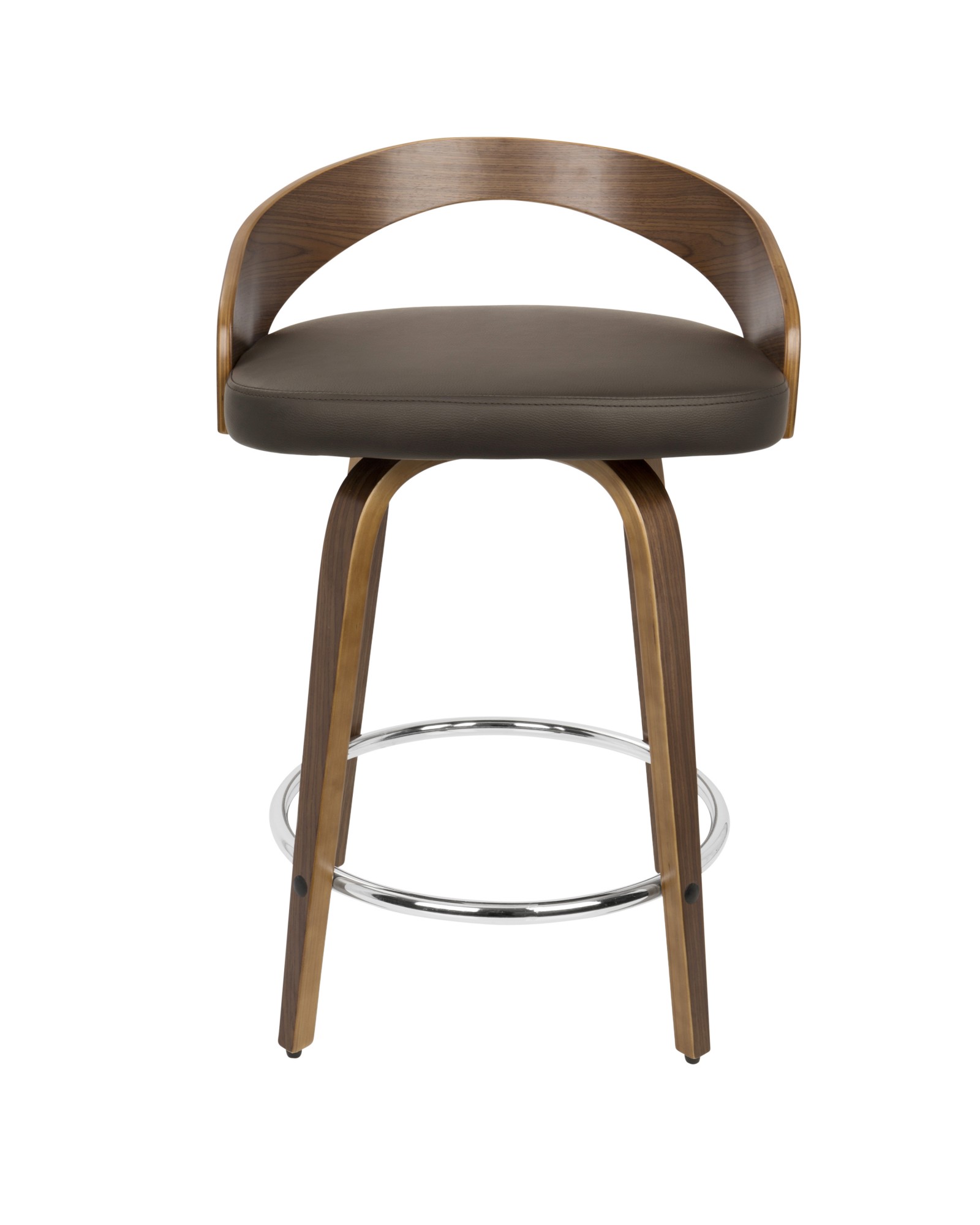 Grotto Mid-Century Modern Counter Stool with Swivel in Walnut with Brown Faux Leather