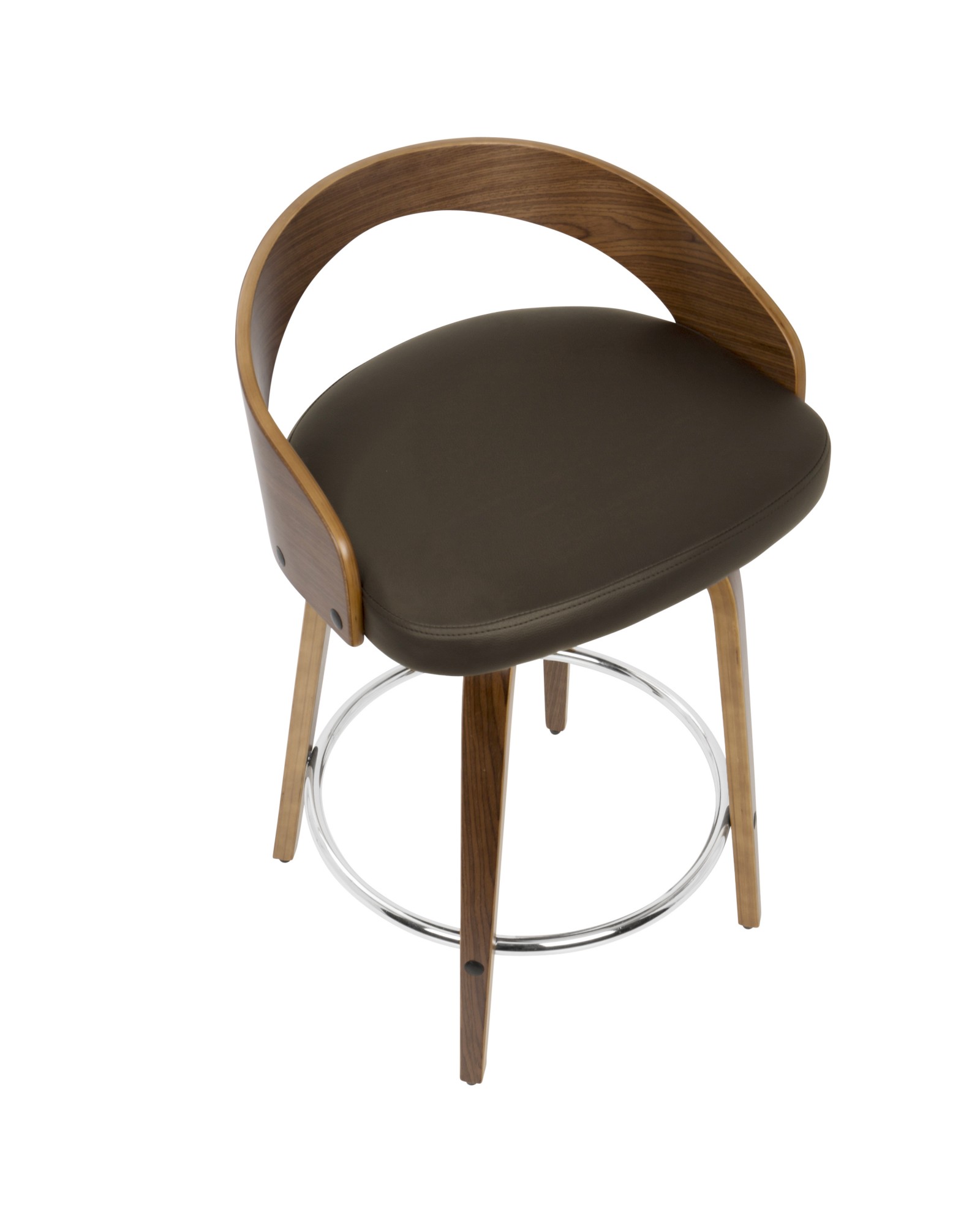 Grotto Mid-Century Modern Counter Stool with Swivel in Walnut with Brown Faux Leather