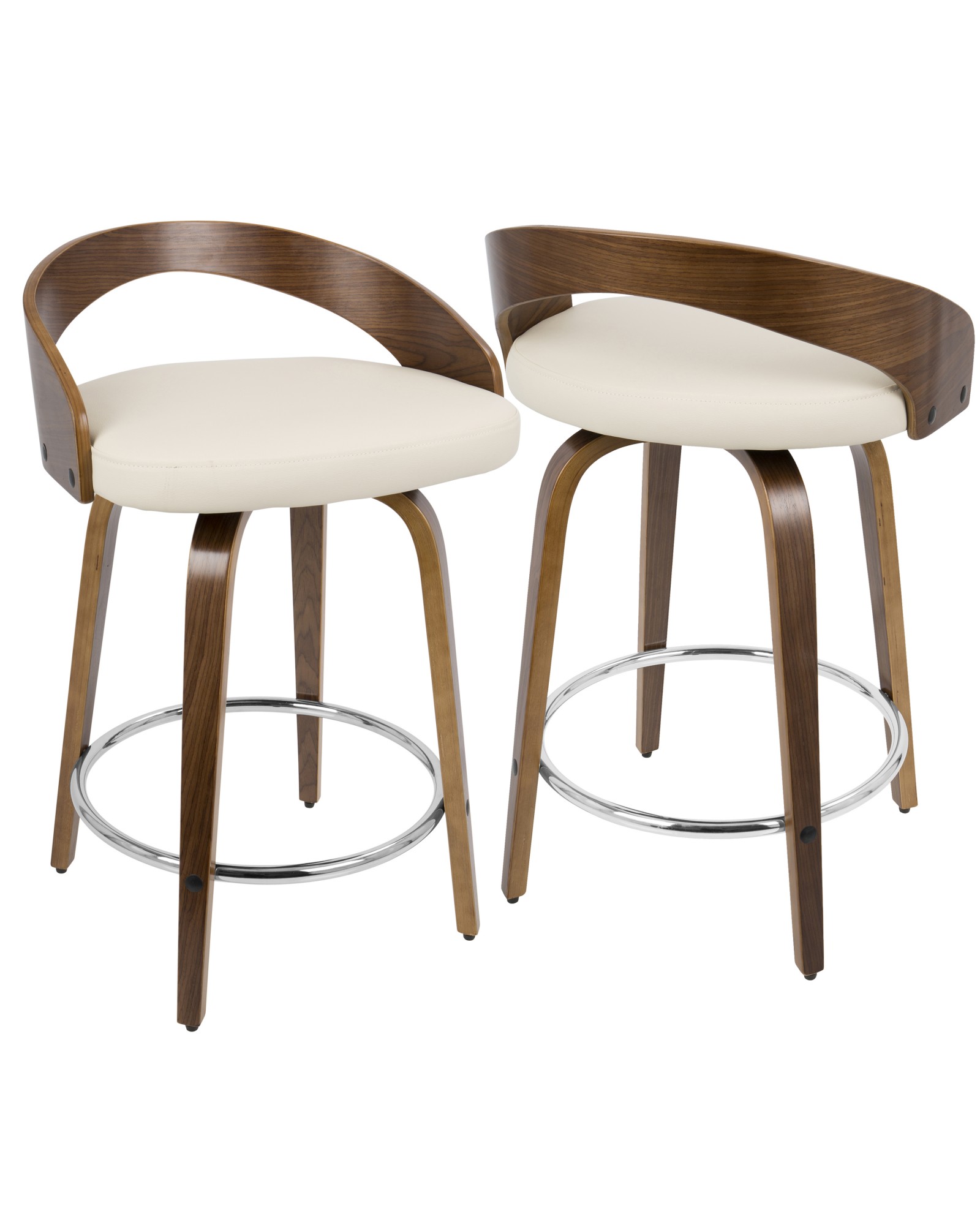 Grotto Mid-Century Modern Counter Stool with Swivel in Walnut with Cream Faux Leather