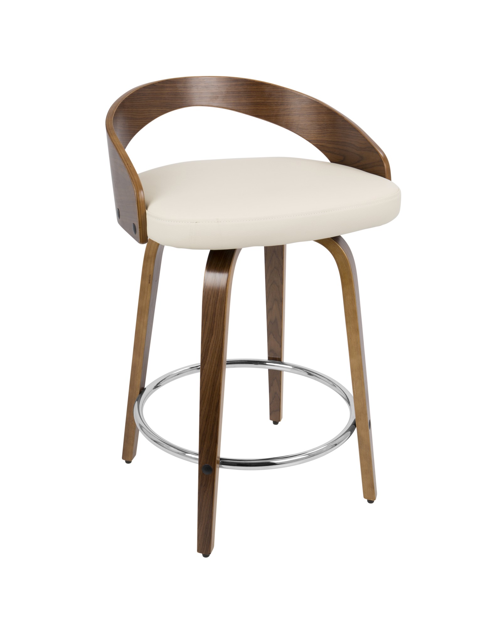 Grotto Mid-Century Modern Counter Stool with Swivel in Walnut with Cream Faux Leather