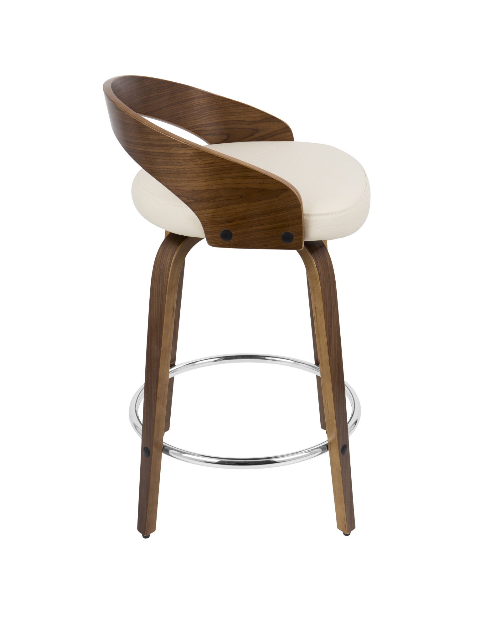 Grotto Mid-Century Modern Counter Stool with Swivel in Walnut with Cream Faux Leather