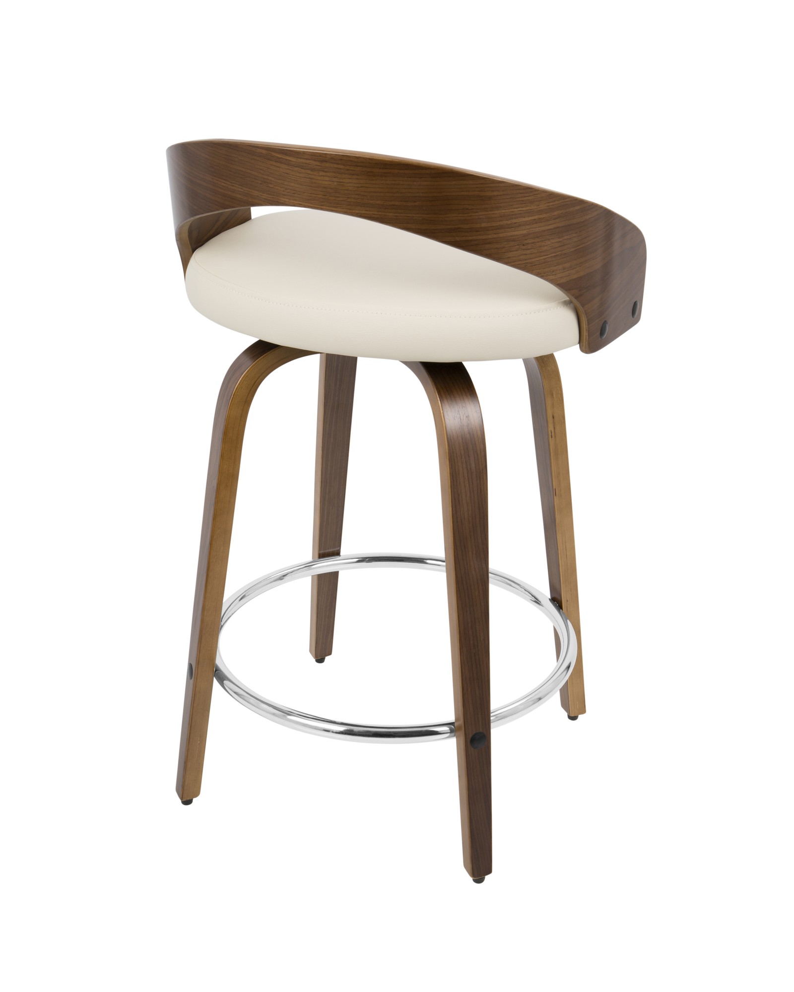 Grotto Mid-Century Modern Counter Stool with Swivel in Walnut with Cream Faux Leather