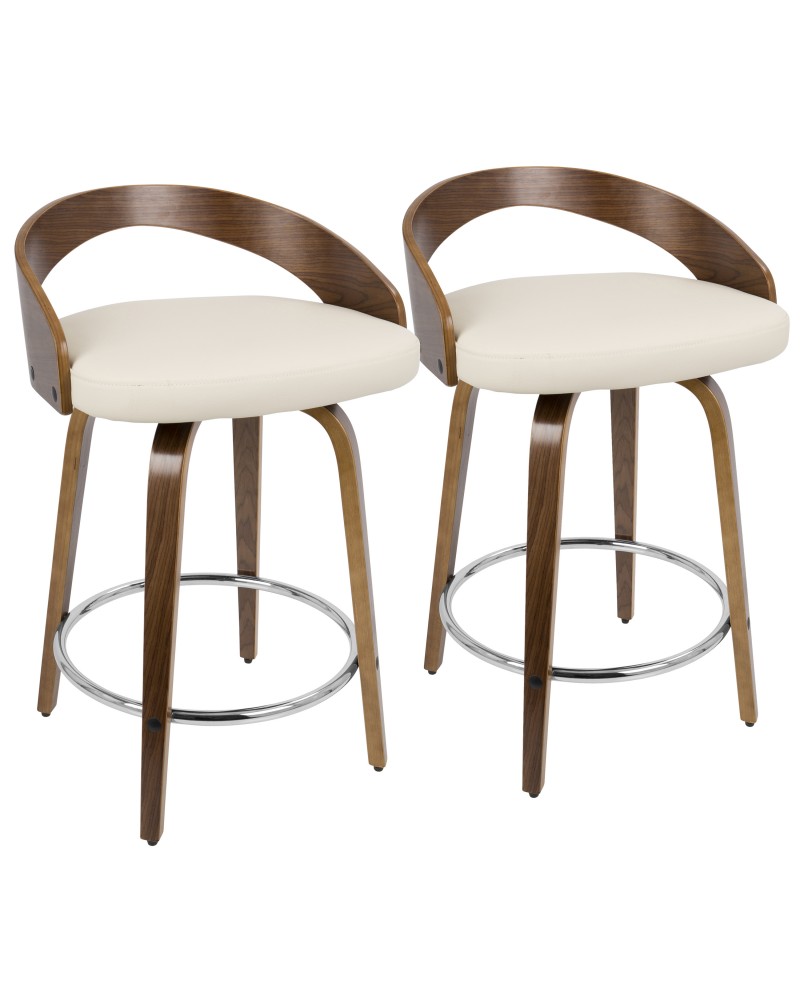 Grotto Mid-Century Modern Counter Stool with Swivel in Walnut with Cream Faux Leather