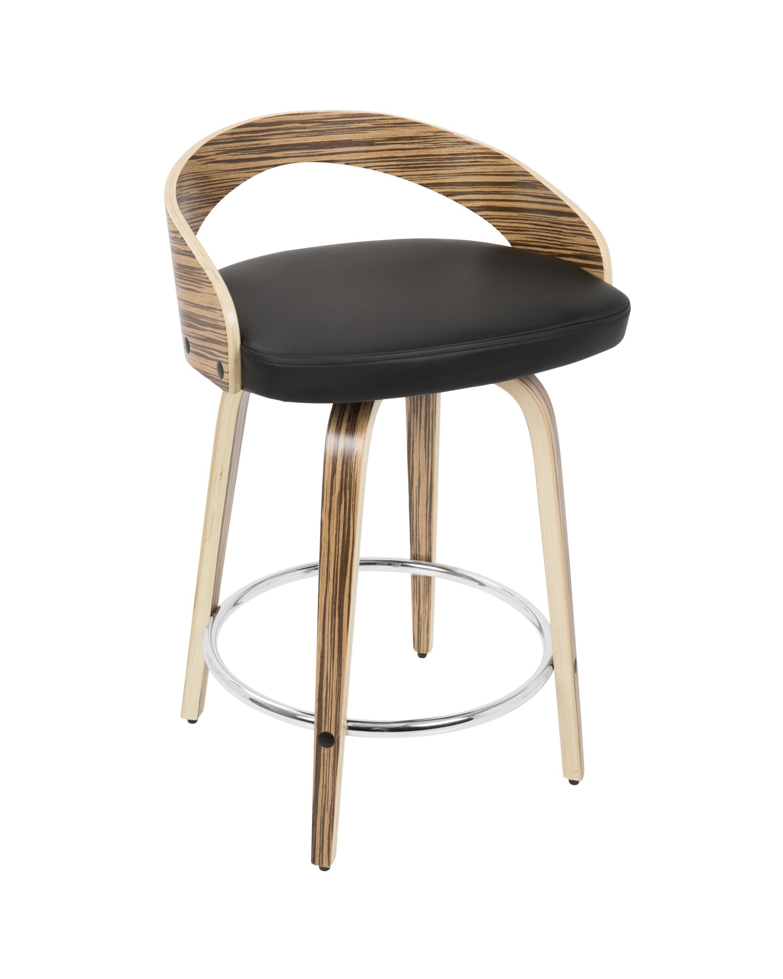 Grotto Mid-Century Modern Counter Stool with Swivel in Zebra Wood and Black Faux Leather