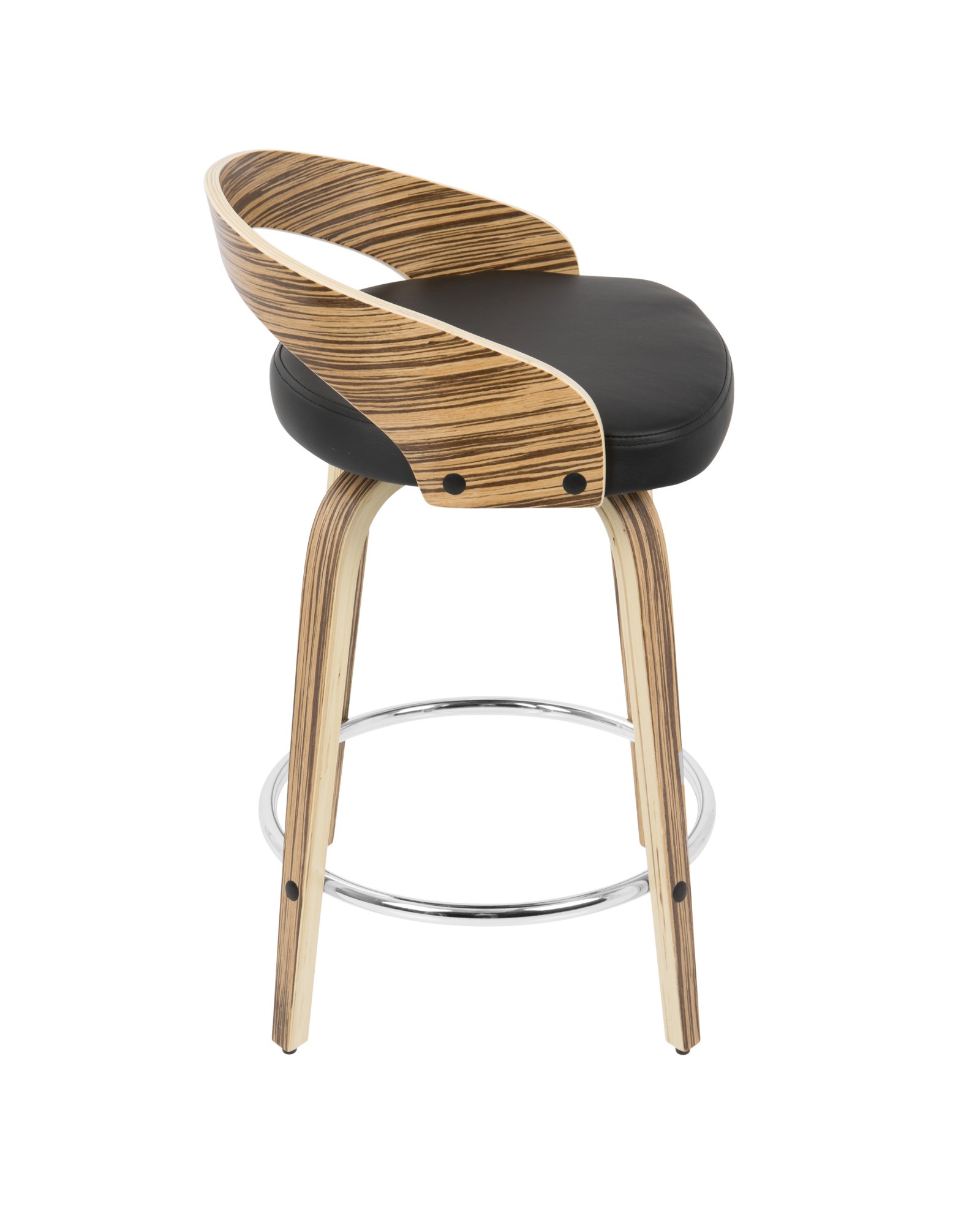 Grotto Mid-Century Modern Counter Stool with Swivel in Zebra Wood and Black Faux Leather