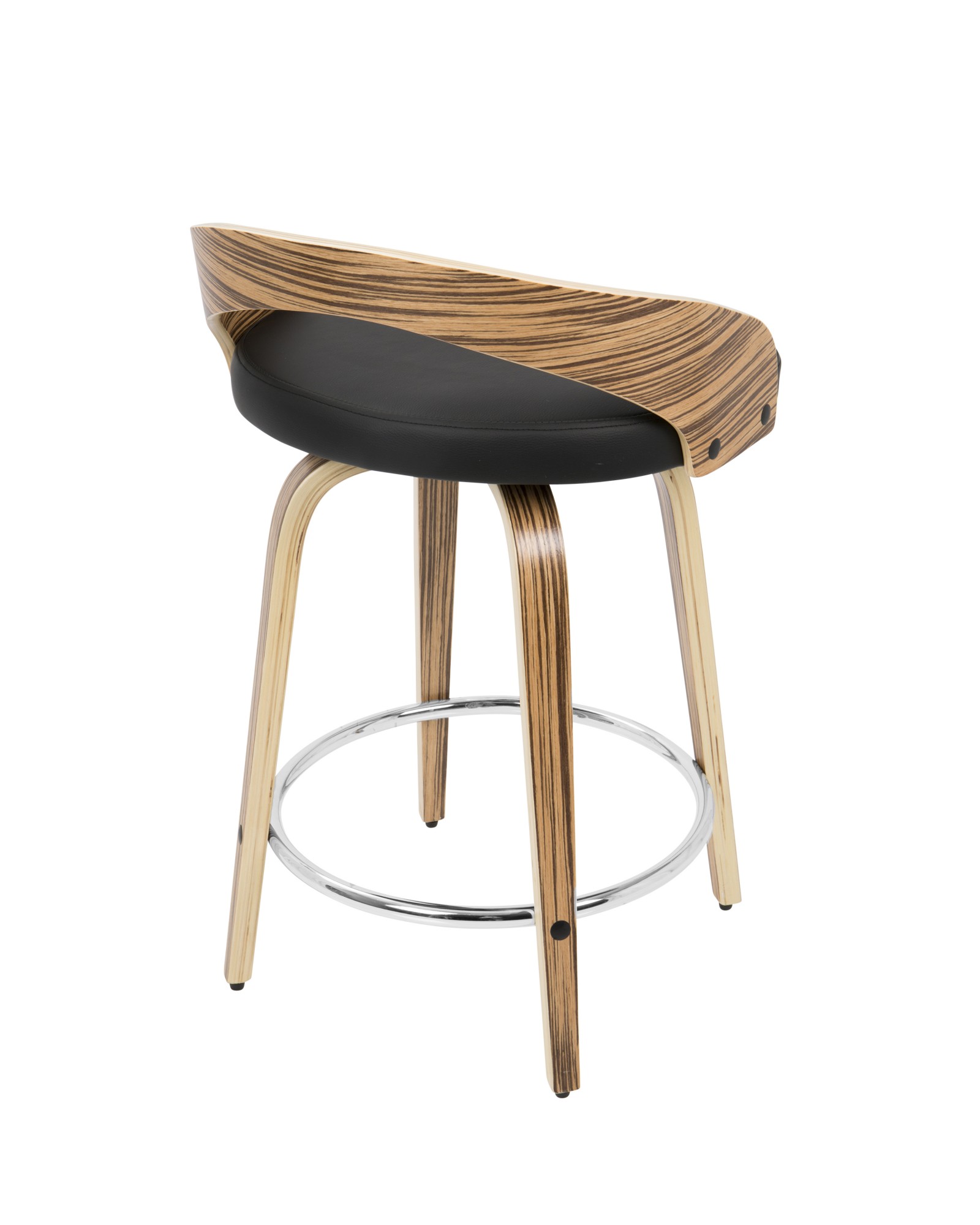 Grotto Mid-Century Modern Counter Stool with Swivel in Zebra Wood and Black Faux Leather