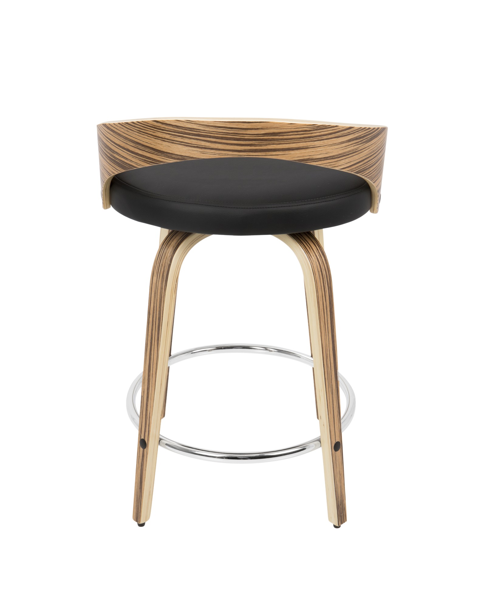 Grotto Mid-Century Modern Counter Stool with Swivel in Zebra Wood and Black Faux Leather