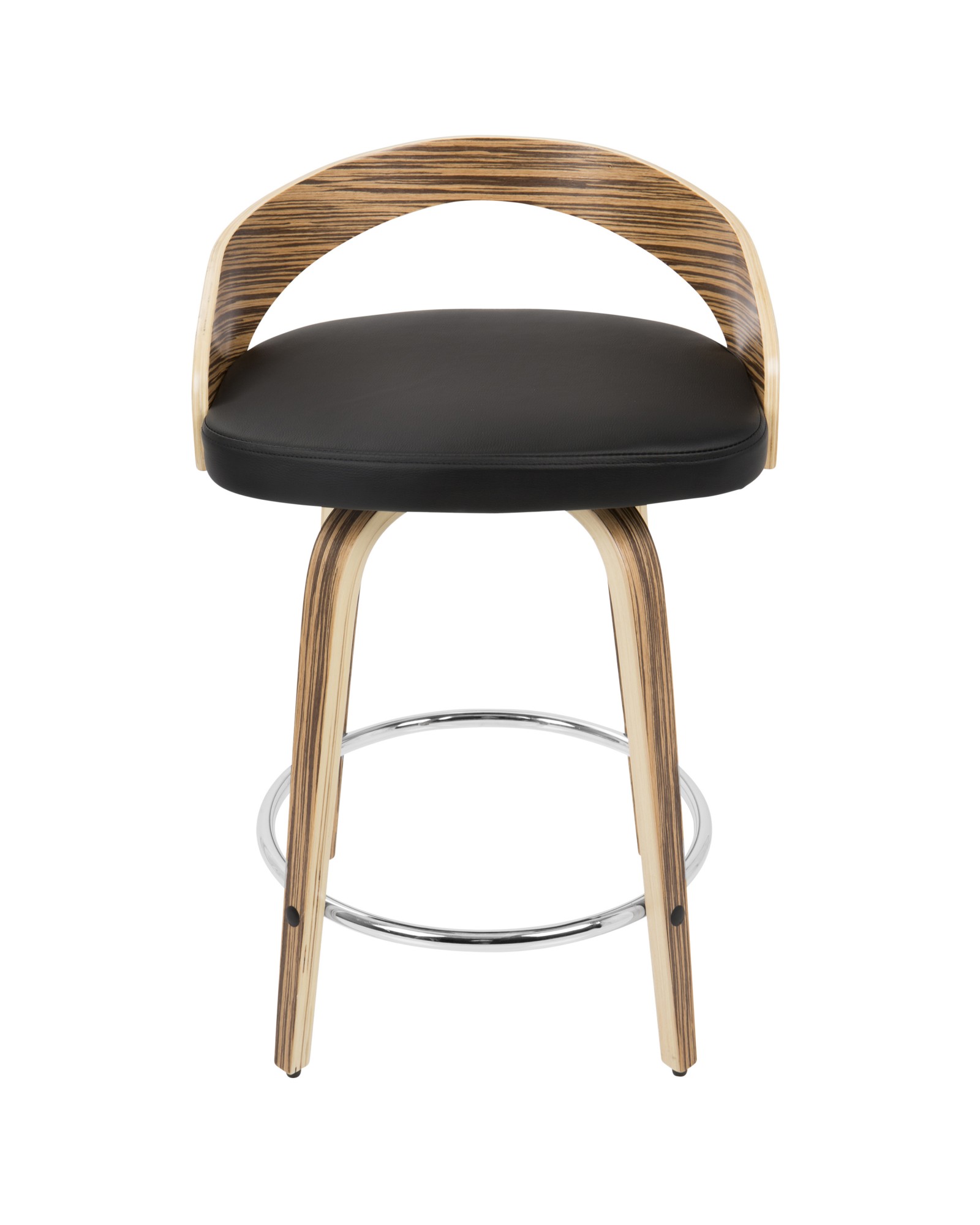 Grotto Mid-Century Modern Counter Stool with Swivel in Zebra Wood and Black Faux Leather