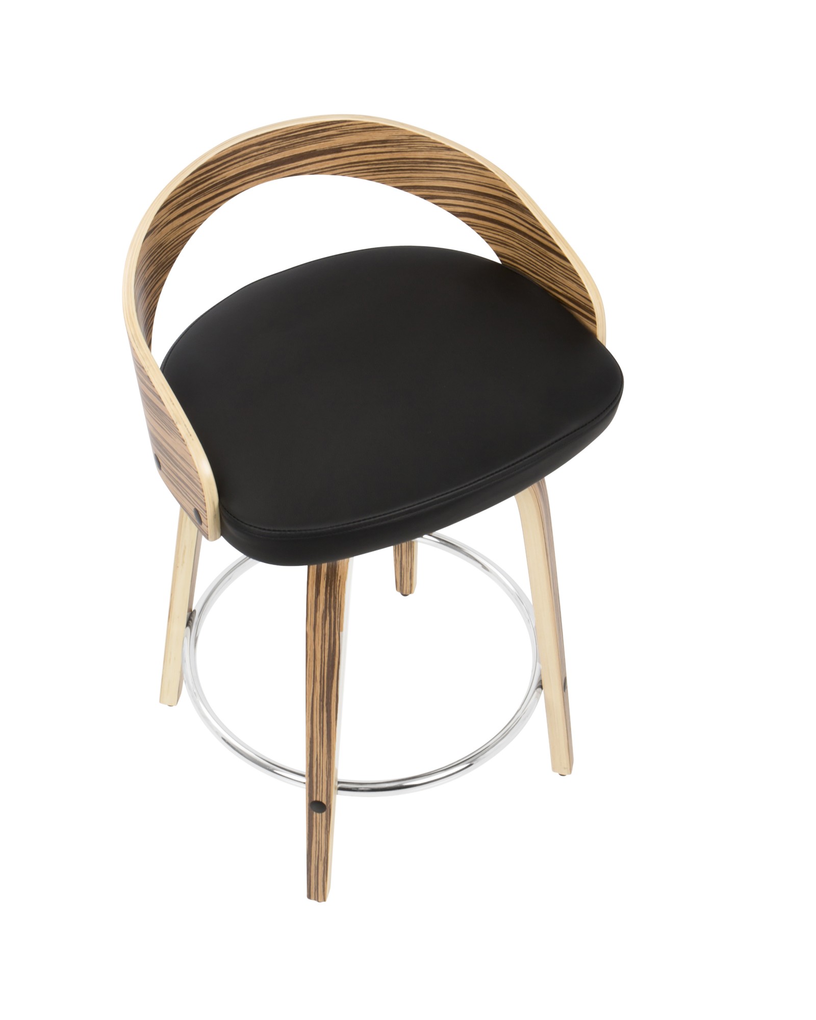 Grotto Mid-Century Modern Counter Stool with Swivel in Zebra Wood and Black Faux Leather