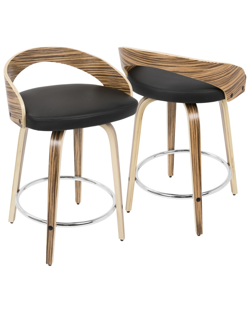 Grotto Mid-Century Modern Counter Stool with Swivel in Zebra Wood and Black Faux Leather