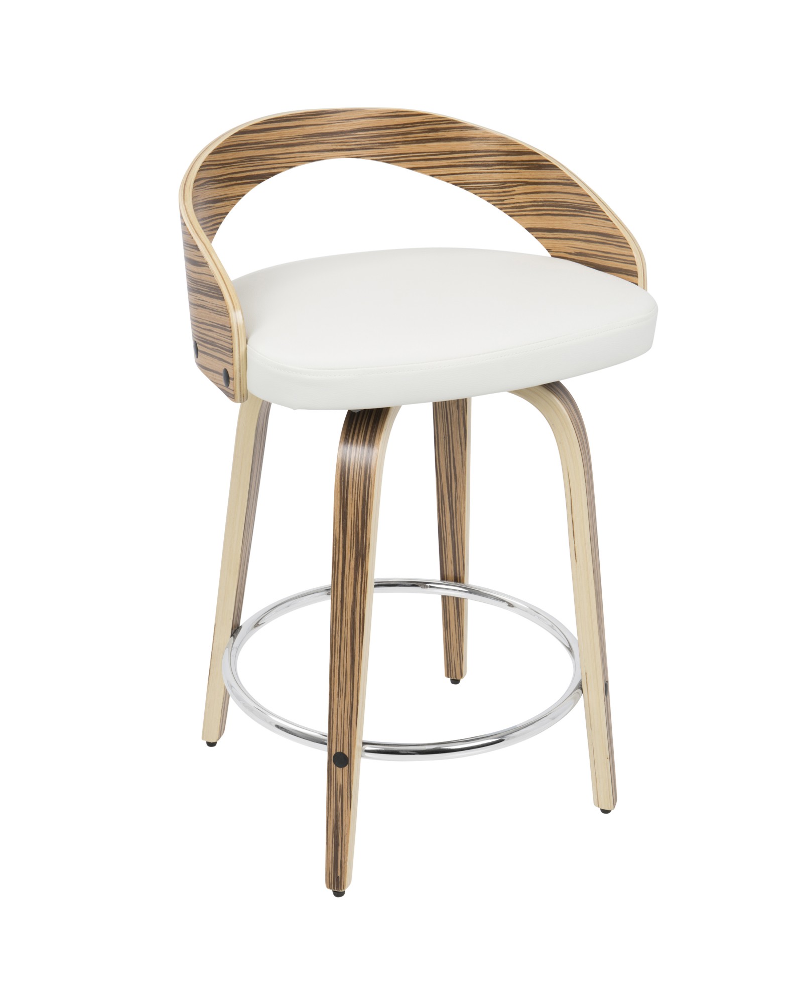 Grotto Mid-Century Modern Counter Stool with Swivel in Zebra Wood and White Faux Leather