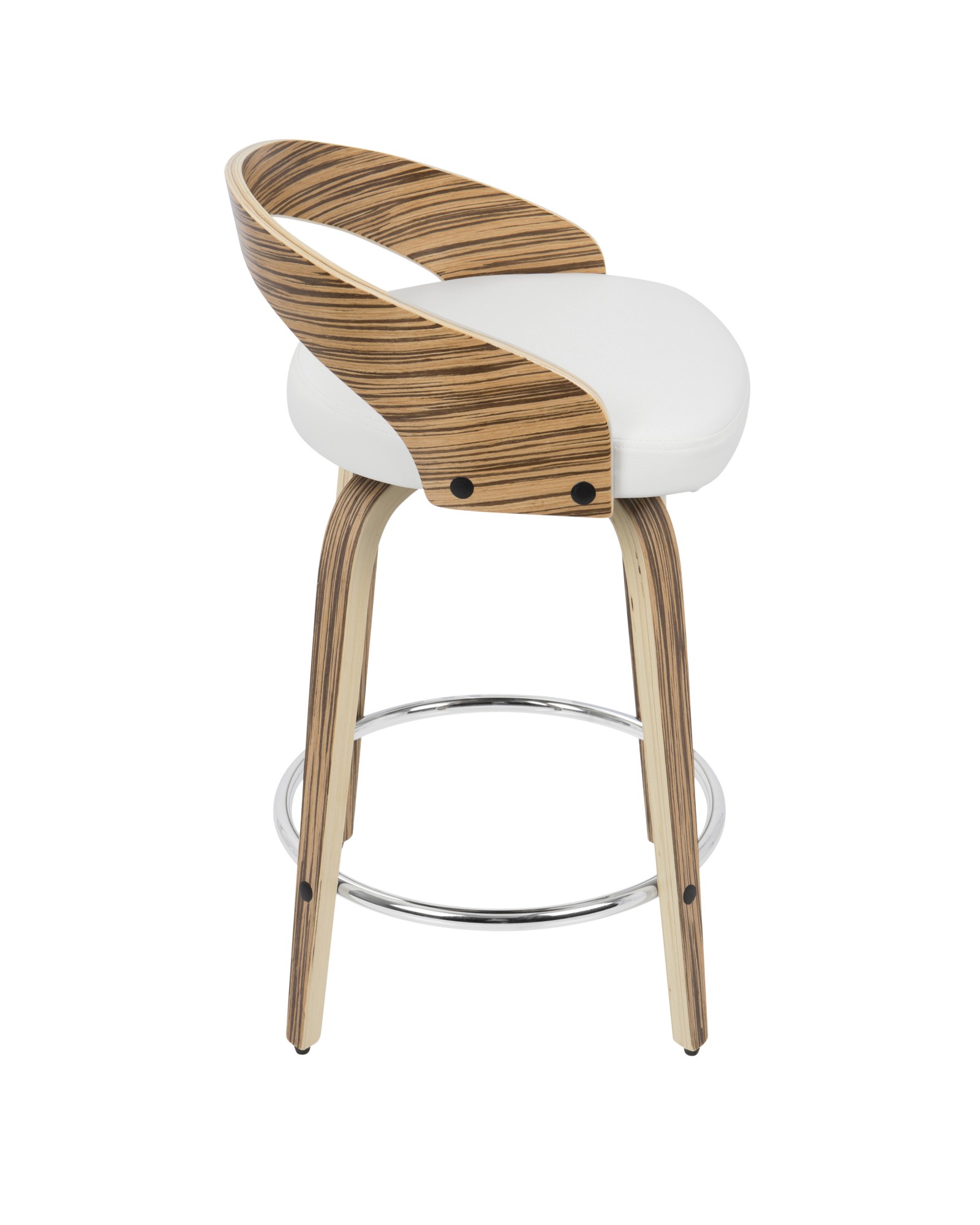 Grotto Mid-Century Modern Counter Stool with Swivel in Zebra Wood and White Faux Leather