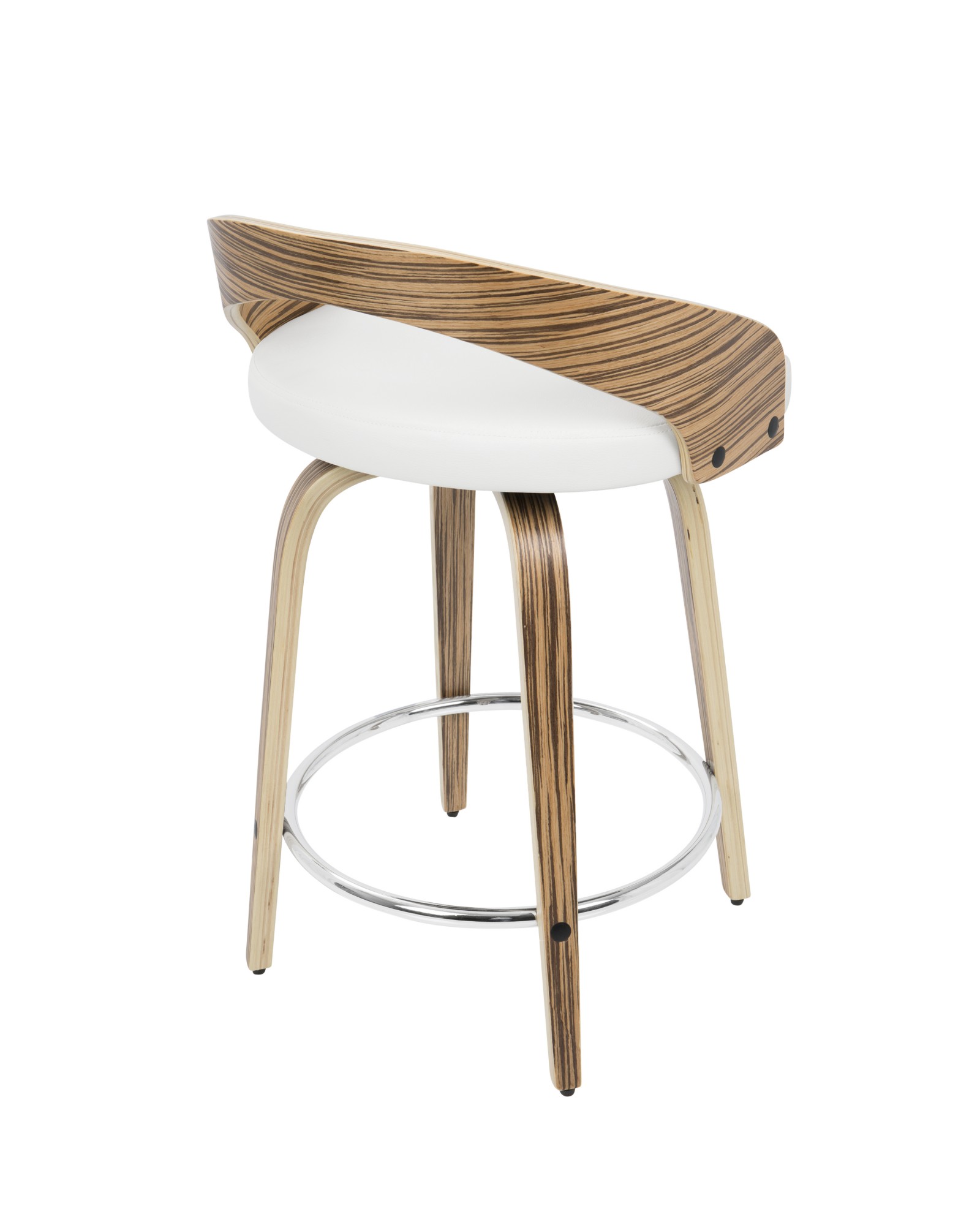 Grotto Mid-Century Modern Counter Stool with Swivel in Zebra Wood and White Faux Leather