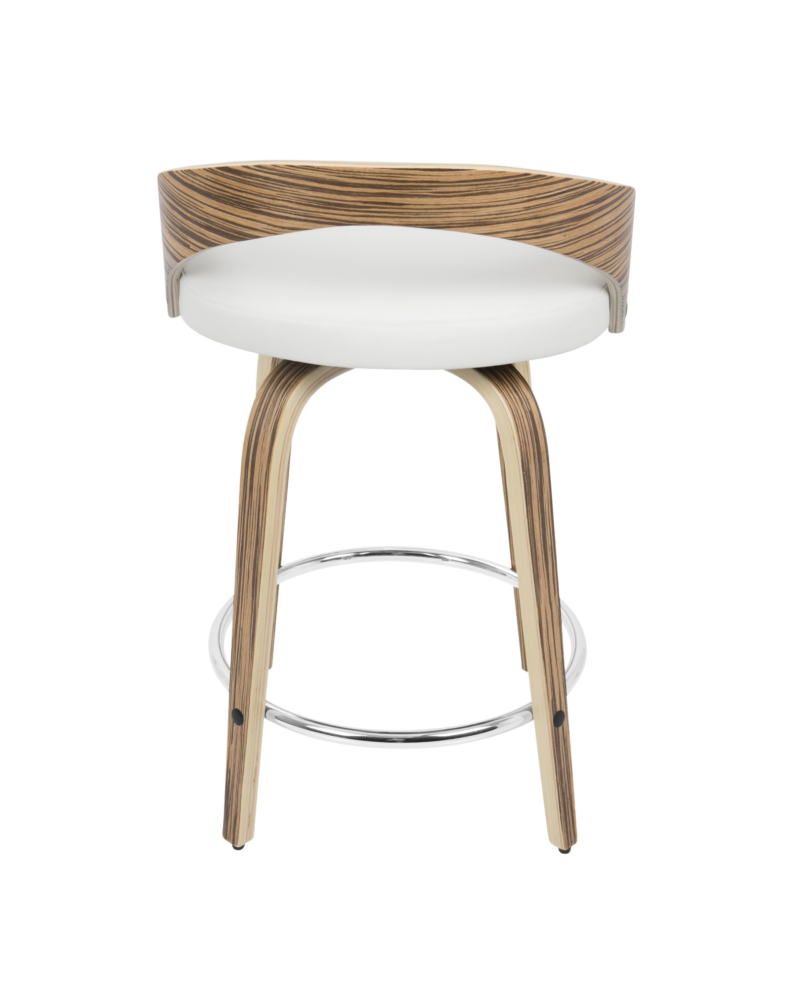 Grotto Mid-Century Modern Counter Stool with Swivel in Zebra Wood and White Faux Leather