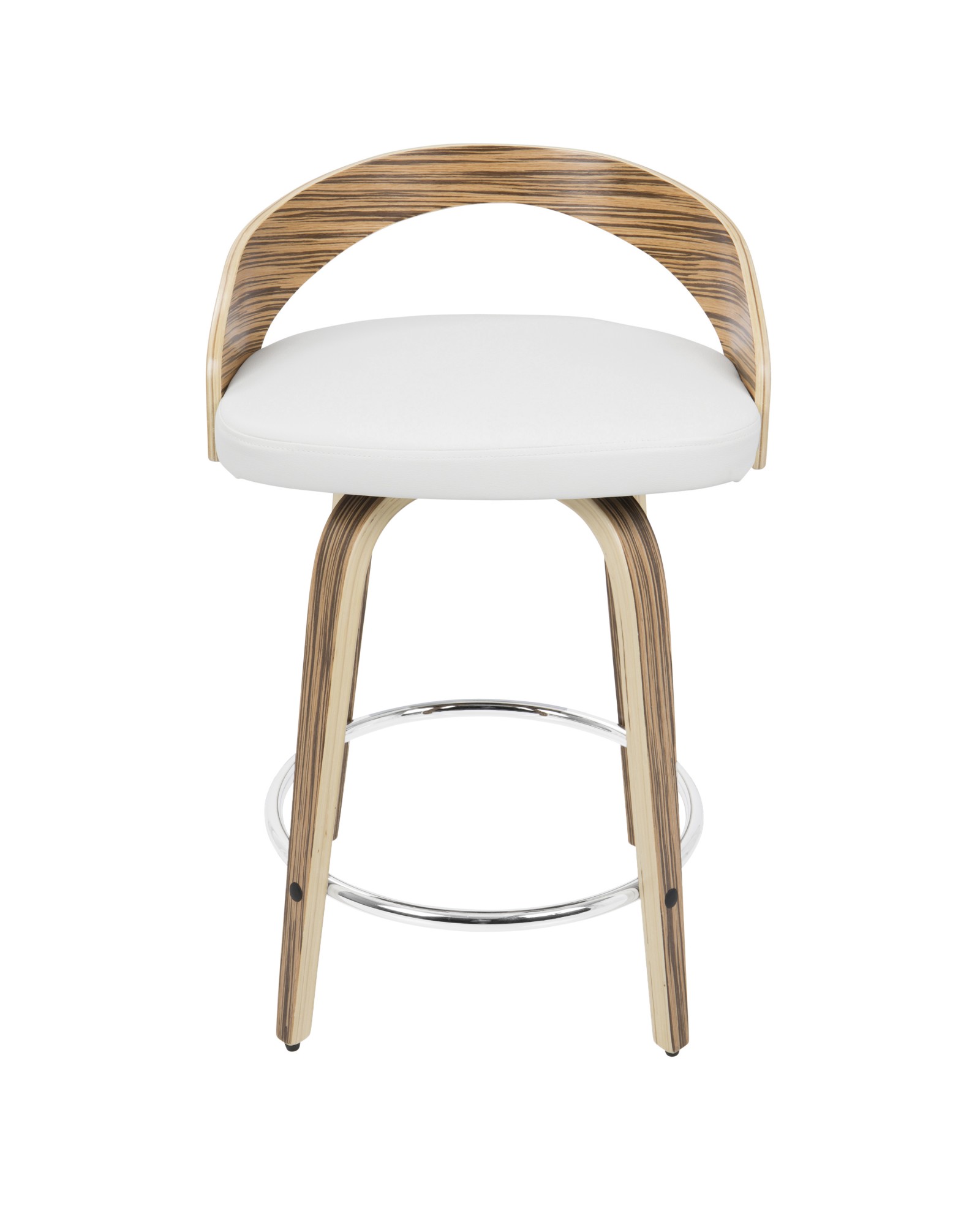 Grotto Mid-Century Modern Counter Stool with Swivel in Zebra Wood and White Faux Leather