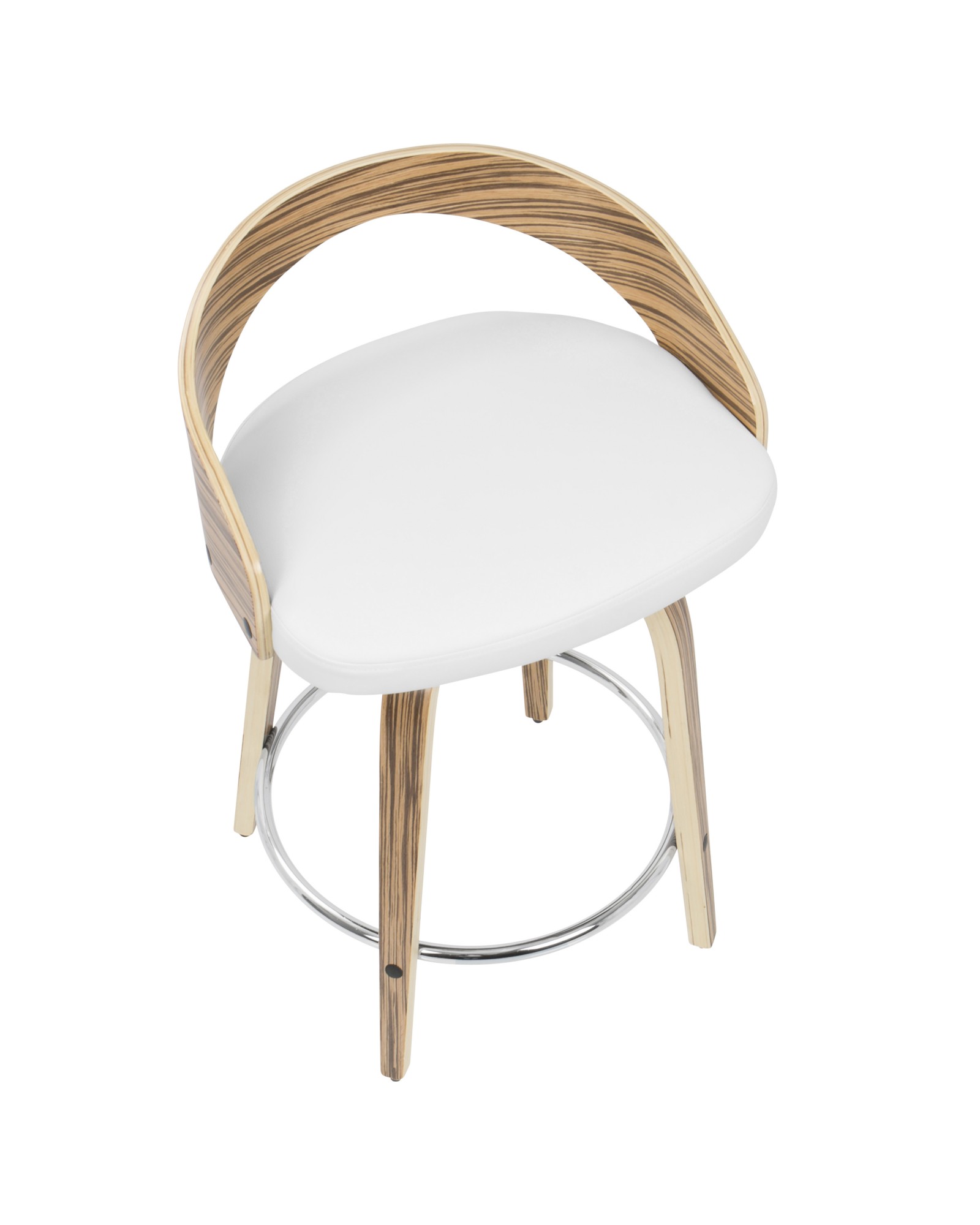 Grotto Mid-Century Modern Counter Stool with Swivel in Zebra Wood and White Faux Leather