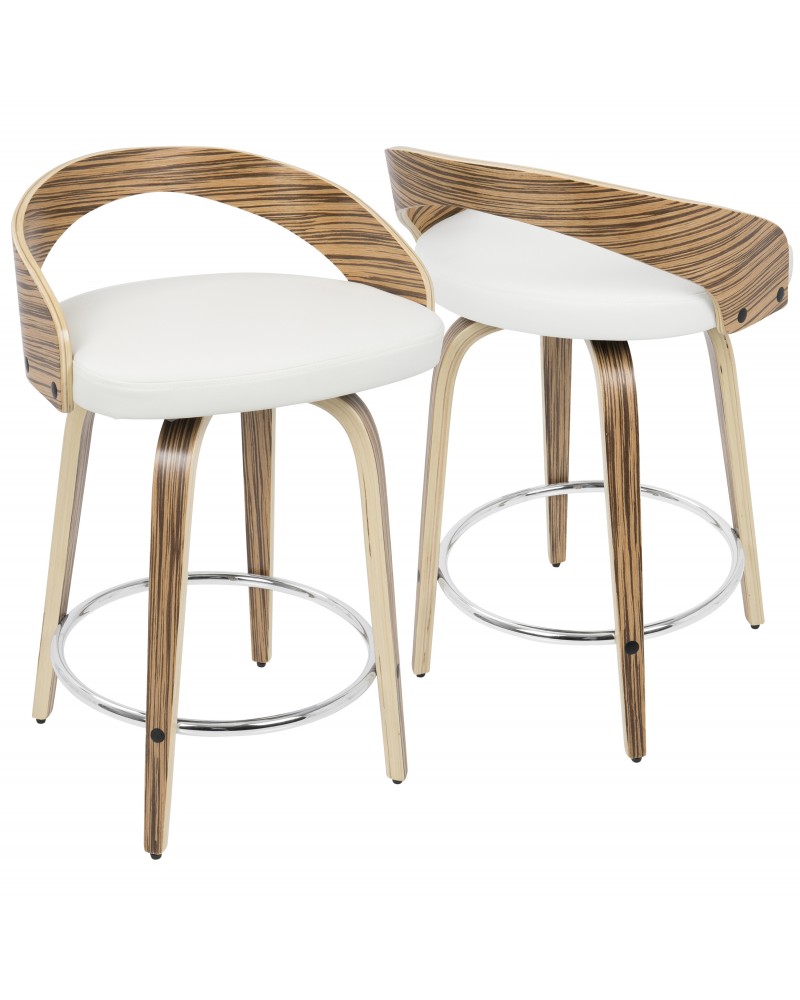 Grotto Mid-Century Modern Counter Stool with Swivel in Zebra Wood and White Faux Leather