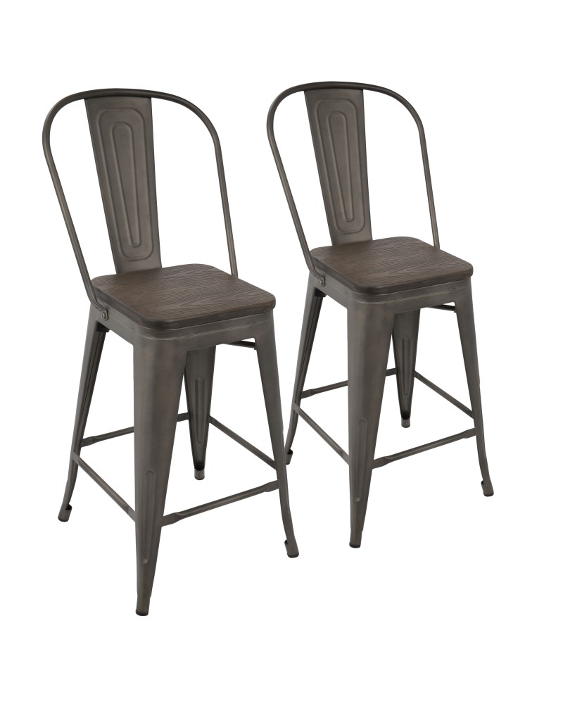 Oregon Industrial High Back Counter Stool in Antique and Espresso - Set of 2