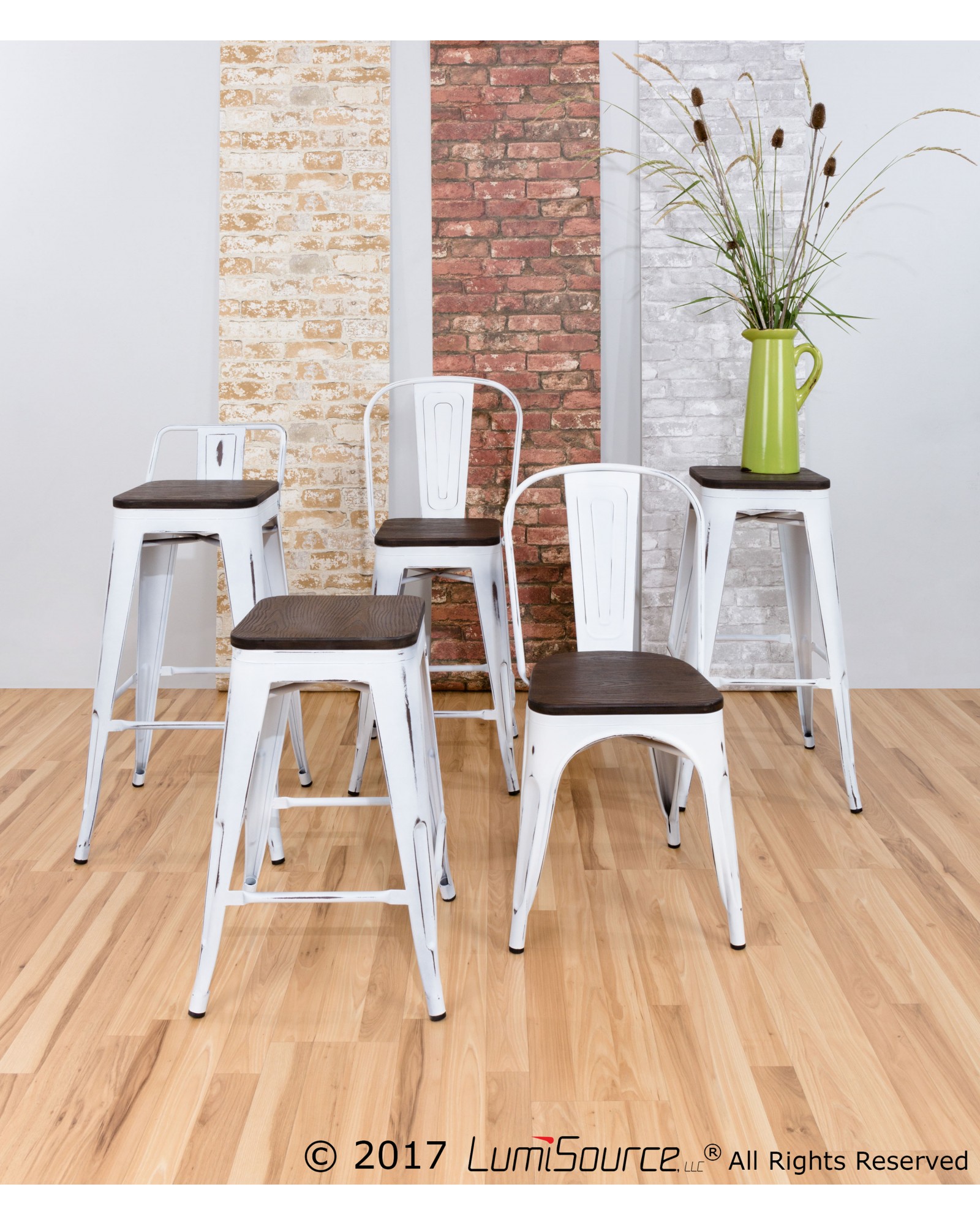 Oregon Industrial High Back Counter Stool in Vintage White and Espresso - Set of 2