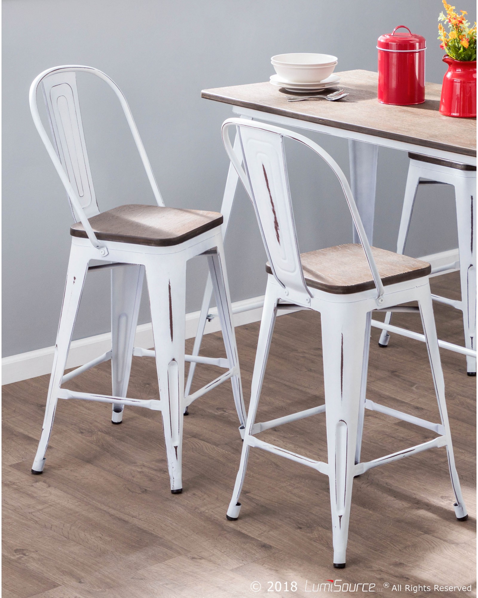 Oregon Industrial High Back Counter Stool in Vintage White and Espresso - Set of 2