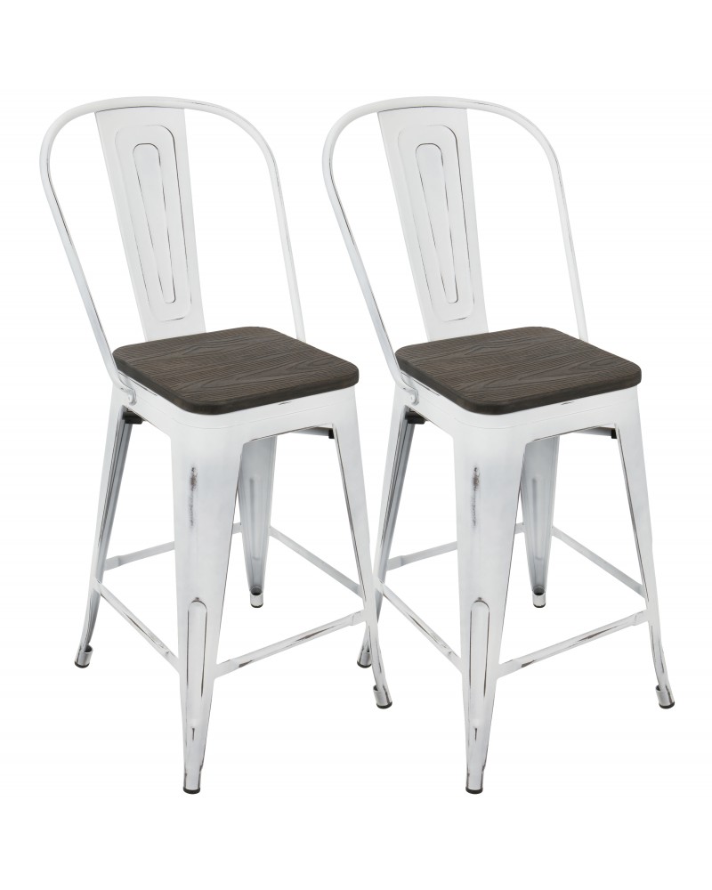 Oregon Industrial High Back Counter Stool in Vintage White and Espresso - Set of 2