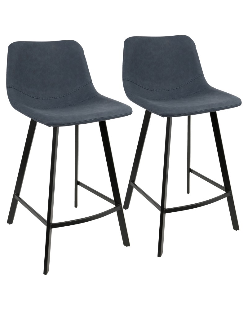 Outlaw Industrial Counter Stool in Black with Blue Faux Leather - Set of 2