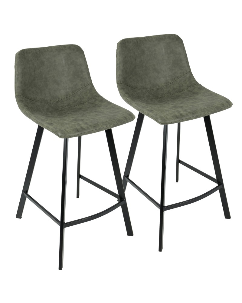 Outlaw Industrial Counter Stool in Black with Green Faux Leather - Set of 2